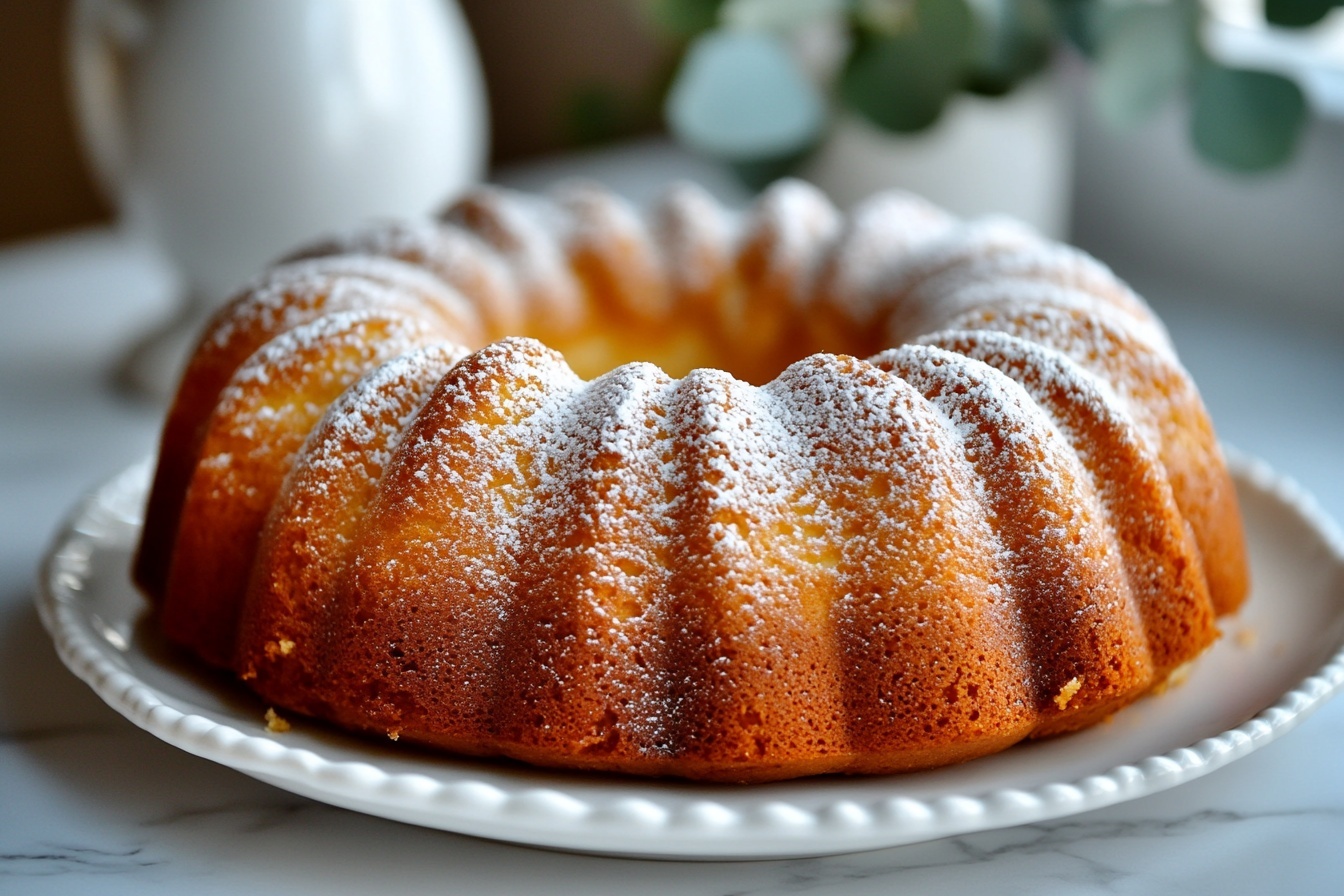 A whole, uncut round bundt cake on a white plate, featuring a golden-brown crust with a light dusting of powdered sugar evenly covering the entire top. The cake appears moist and fluffy, with a perfectly symmetrical ring shape and decorative ridges along the sides, presented on a white marble countertop with natural lighting to emphasize its texture and warm color, styled as a hero shot in a food magazine. Photo taken with an iphone --ar 4:5 --v 7