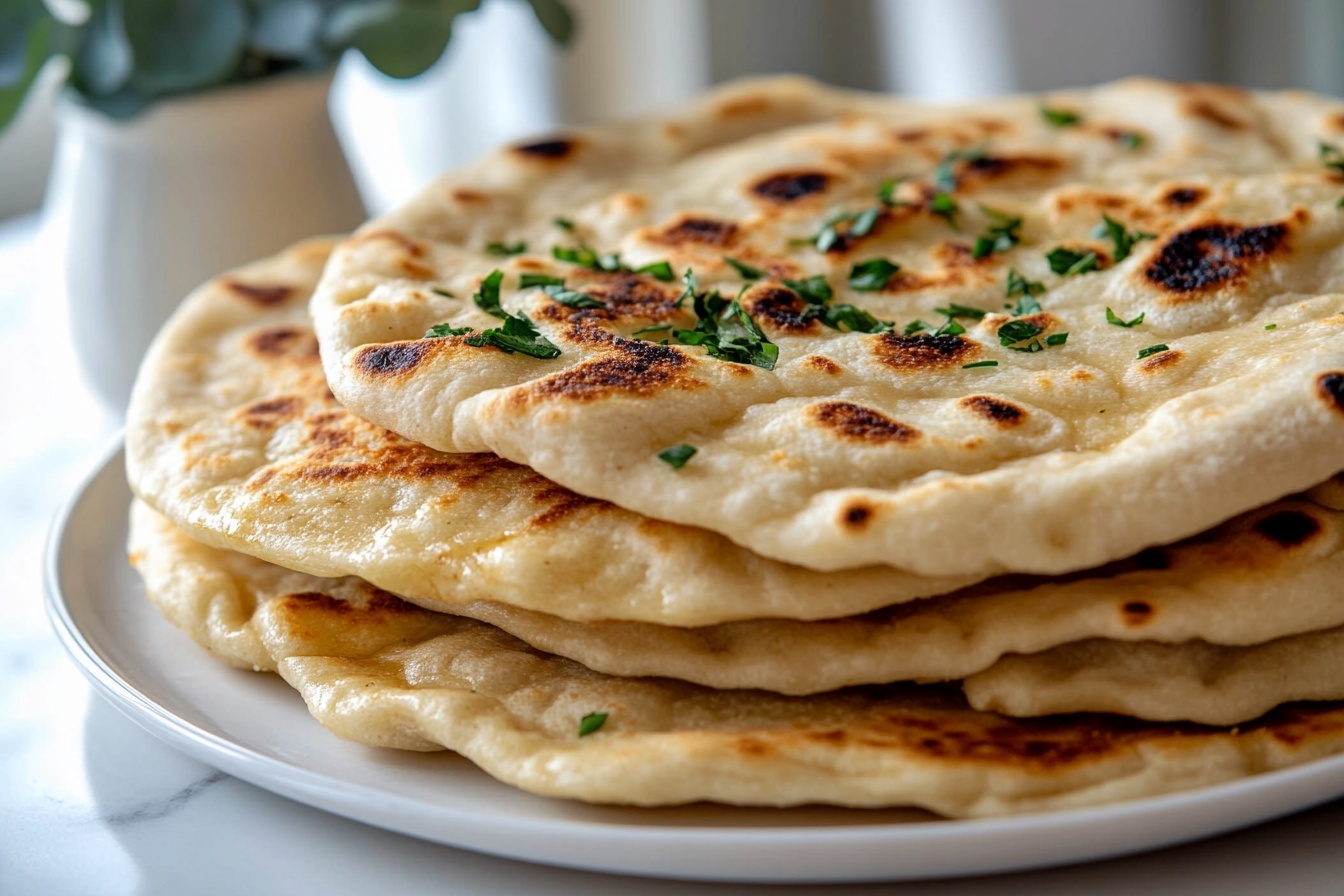 Stack of multiple soft, golden-browned flatbreads neatly piled on a large white plate, garnished with freshly chopped green herbs sprinkled on top, showcasing the texture and slight char marks on each flatbread, arranged as a whole stack under natural lighting on a white marble countertop, professional food styling photo taken with an iphone --ar 4:5 --v 7