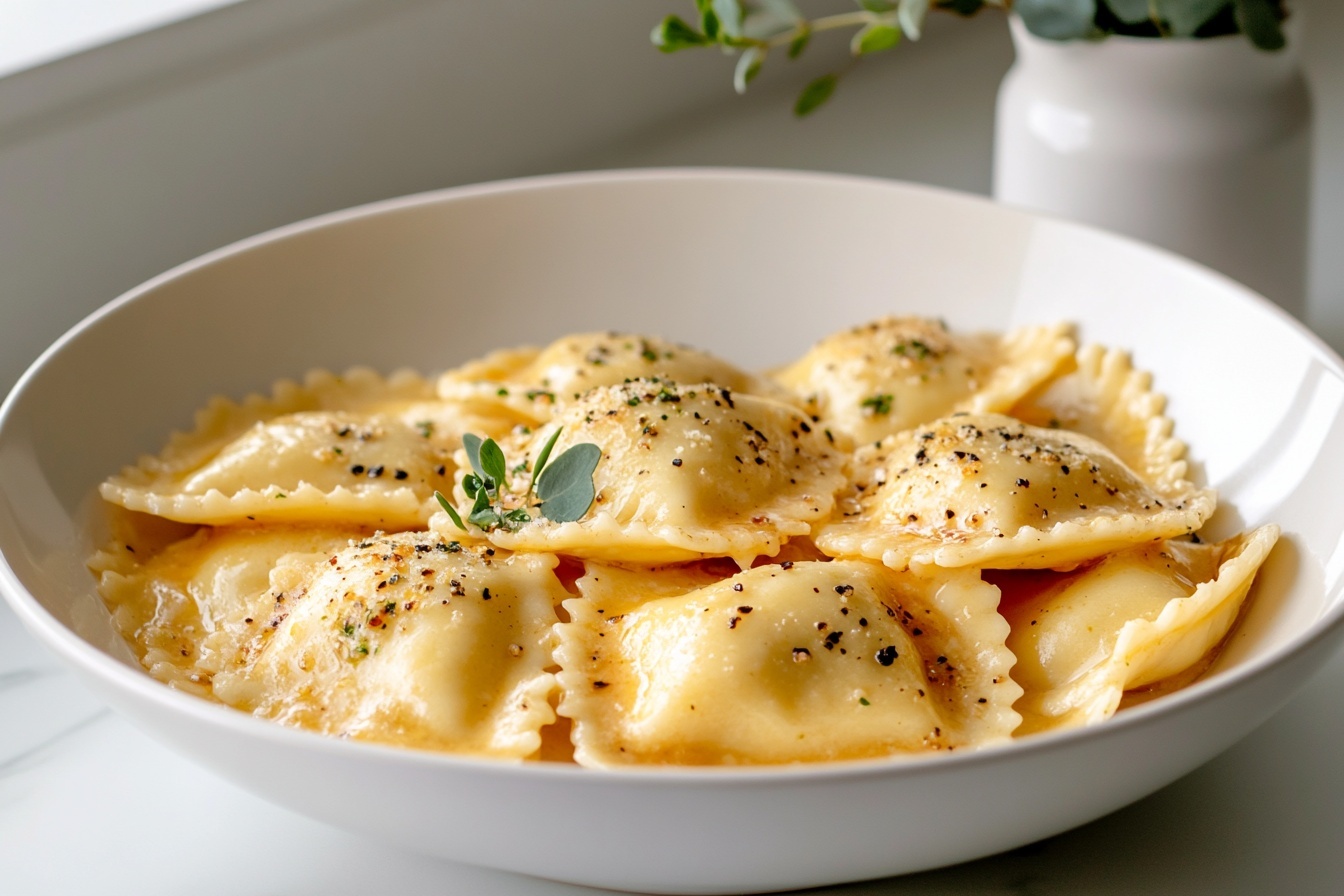 Lemon Caper Sauce Recipe 6 Large white bowl filled with a generous serving of cheese ravioli in a rich, creamy peppercorn sauce, each ravioli piece perfectly coated and glistening, whole dish displayed from a 3/4 angle on a pristine white marble countertop with natural lighting, styled as a professional hero food shot, photo taken with an iphone --ar 4:5 --v 7