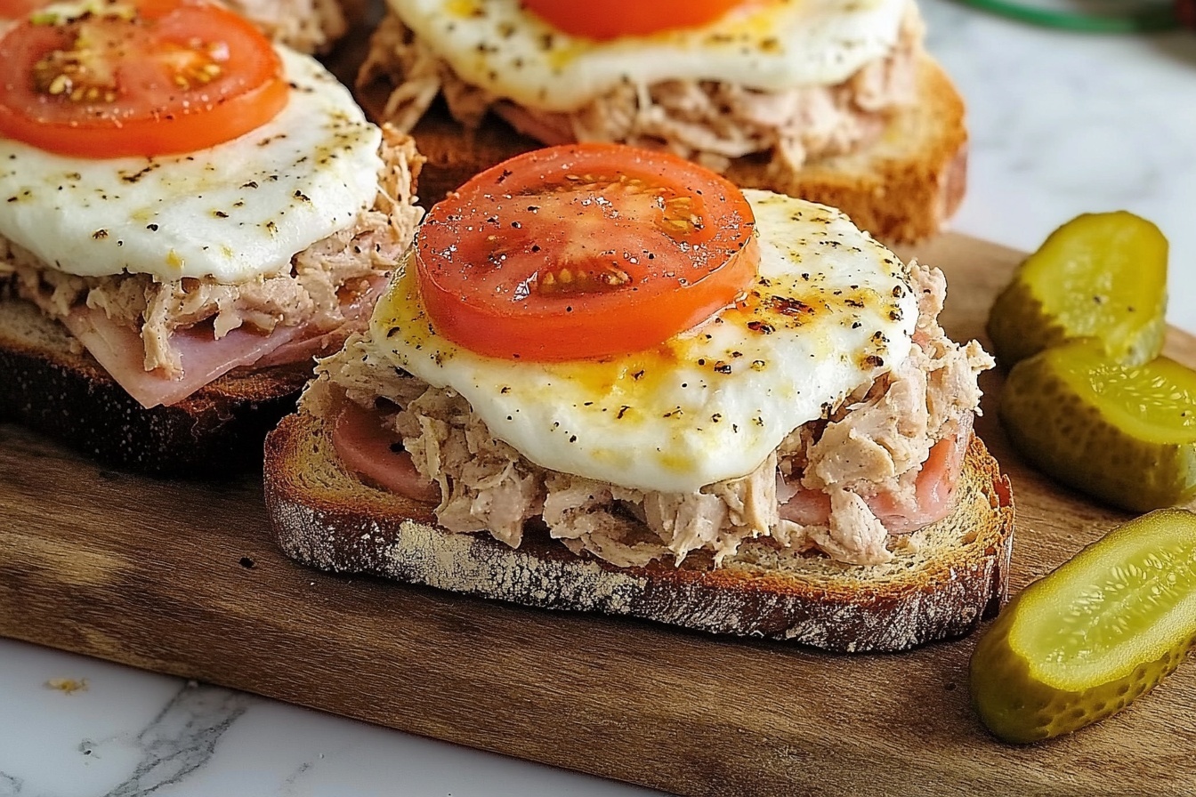Open-Faced Tuna Melt Recipe 6 A full, rustic wooden cutting board displaying multiple open-faced tuna melt sandwiches made with thick multi-grain bread slices generously layered with chunky tuna salad, topped with fresh tomato slices and melted mozzarella cheese, perfectly broiled to a golden finish with specks of black pepper, accompanied by crisp pickle spears on the side, all arranged on a white marble surface with natural daylight highlighting the textures and colors in a professional food magazine style shot. REALISTIC STYLE IMAGE| TAGS: High-end food photography, clean composition, dramatic lighting, luxurious, elegant, mouth-watering, indulgent, gourmet | CAMERA: Nikon Z7 | FOCAL LENGTH: 50mm | SHOT TYPE: Close-up | COMPOSITION: 3/4 angle | LIGHTING: Soft directional light | PRODUCTION: Food Stylist | TIME: Daytime I LOCATION TYPE: Kitchen near windows --stylize 150 --ar 3:2