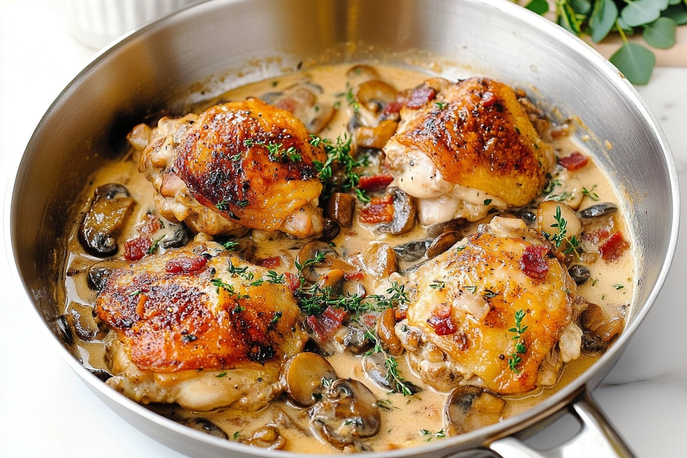 Chicken Thighs with Creamy Bacon Mushroom Thyme Sauce Recipe