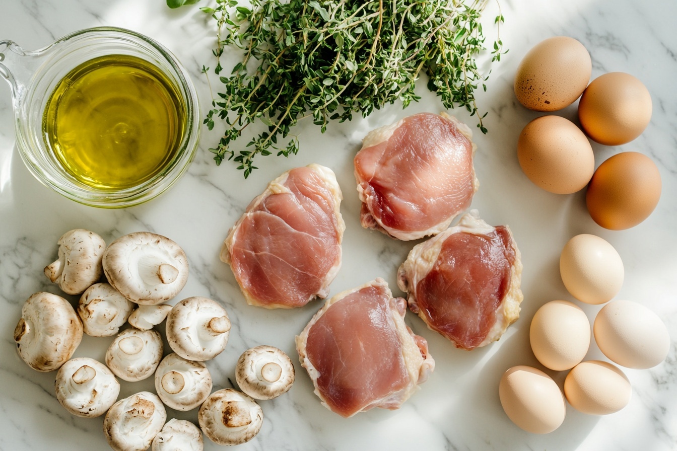Single white plate showcasing a succulent portion of pan-seared chicken thigh with golden, crispy skin topped with sautéed mushrooms and crispy bacon pieces, surrounded by a rich, creamy herb-infused sauce with visible flecks of fresh thyme. The close-up 3/4 angle highlights the juicy interior texture of the chicken and the glistening sauce pooling around it, set on a pristine white marble surface. Natural daylight softly illuminates the details, creating an inviting, elegant plated serving that looks ready to be enjoyed. REALISTIC STYLE IMAGE| TAGS: High-end food photography, clean composition, dramatic lighting, luxurious, elegant, mouth-watering, indulgent, gourmet | CAMERA: Nikon Z7 | FOCAL LENGTH: 50mm | SHOT TYPE: Close-up | COMPOSITION: 3/4 angle | LIGHTING: Soft directional light | PRODUCTION: Food Stylist | TIME: Daytime I LOCATION TYPE: Kitchen near windows --stylize 150 --ar 3:2