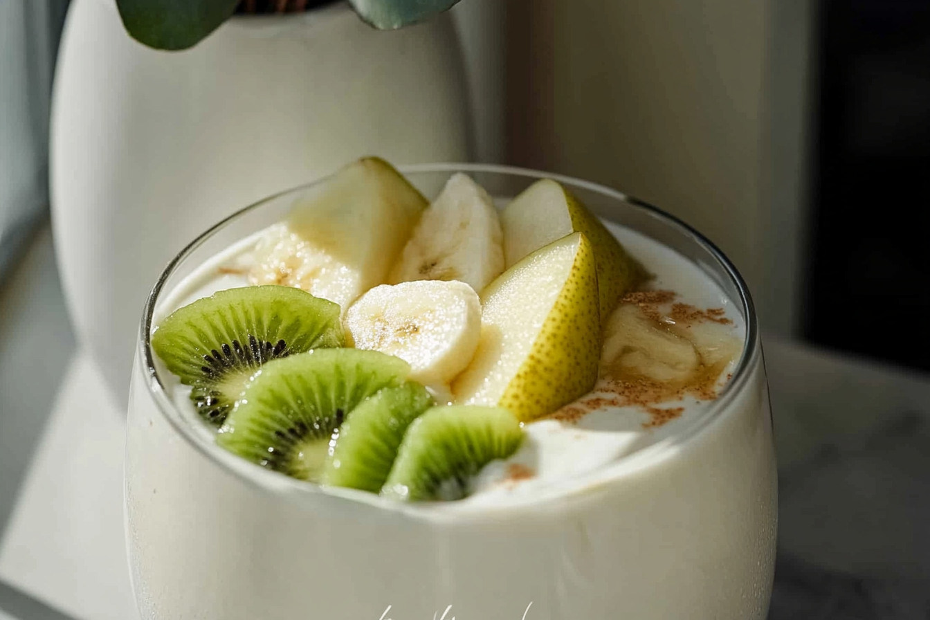 A large clear glass filled with a creamy kiwi smoothie, garnished with a neatly sliced fresh kiwi wheel on the rim, placed on a pristine white marble countertop. Surrounding the glass is a rustic wire basket brimming with a variety of fresh fruits including bright yellow bananas, whole shiny green apples, golden kiwis, and fuzzy brown kiwi fruits, showcasing a vibrant and fresh atmosphere perfect for a healthy breakfast or snack. The entire scene is captured in a professional 3/4 angle shot with soft natural lighting highlighting the freshness and smooth texture of the smoothie, emphasizing an inviting, wholesome presentation of the complete serving. REALISTIC STYLE IMAGE| TAGS: High-end food photography, clean composition, dramatic lighting, luxurious, elegant, mouth-watering, indulgent, gourmet | CAMERA: Nikon Z7 | FOCAL LENGTH: 50mm | SHOT TYPE: Close-up | COMPOSITION: 3/4 angle | LIGHTING: Soft directional light | PRODUCTION: Food Stylist | TIME: Daytime I LOCATION TYPE: Kitchen near windows --stylize 150 --ar 3:2