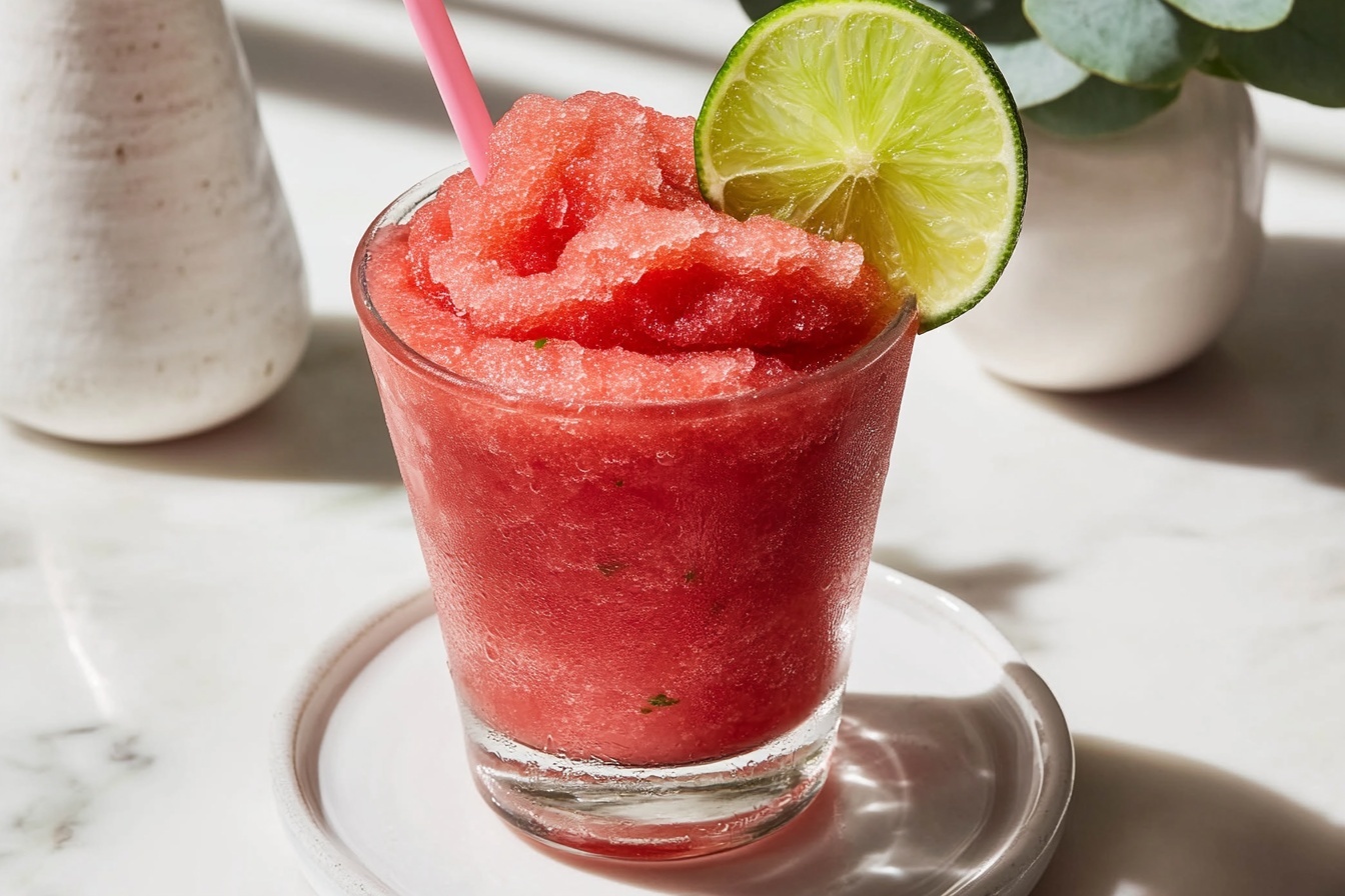 Two large white serving bowls filled to the brim with vibrant, icy watermelon granita, each garnished with star-shaped watermelon slices and bright lime wheels, accompanied by additional bowls of fresh watermelon star shapes and thick watermelon wedges on the side. The scene is set on a pristine white marble countertop, with natural soft directional daylight illuminating the refreshing, juicy texture and intense red color of the granita, creating a mouth-watering, indulgent presentation of a complete watermelon granita treat. REALISTIC STYLE IMAGE| TAGS: High-end food photography, clean composition, dramatic lighting, luxurious, elegant, mouth-watering, indulgent, gourmet | CAMERA: Nikon Z7 | FOCAL LENGTH: 50mm | SHOT TYPE: Close-up | COMPOSITION: 3/4 angle | LIGHTING: Soft directional light | PRODUCTION: Food Stylist | TIME: Daytime I LOCATION TYPE: Kitchen near windows --stylize 150 --ar 3:2