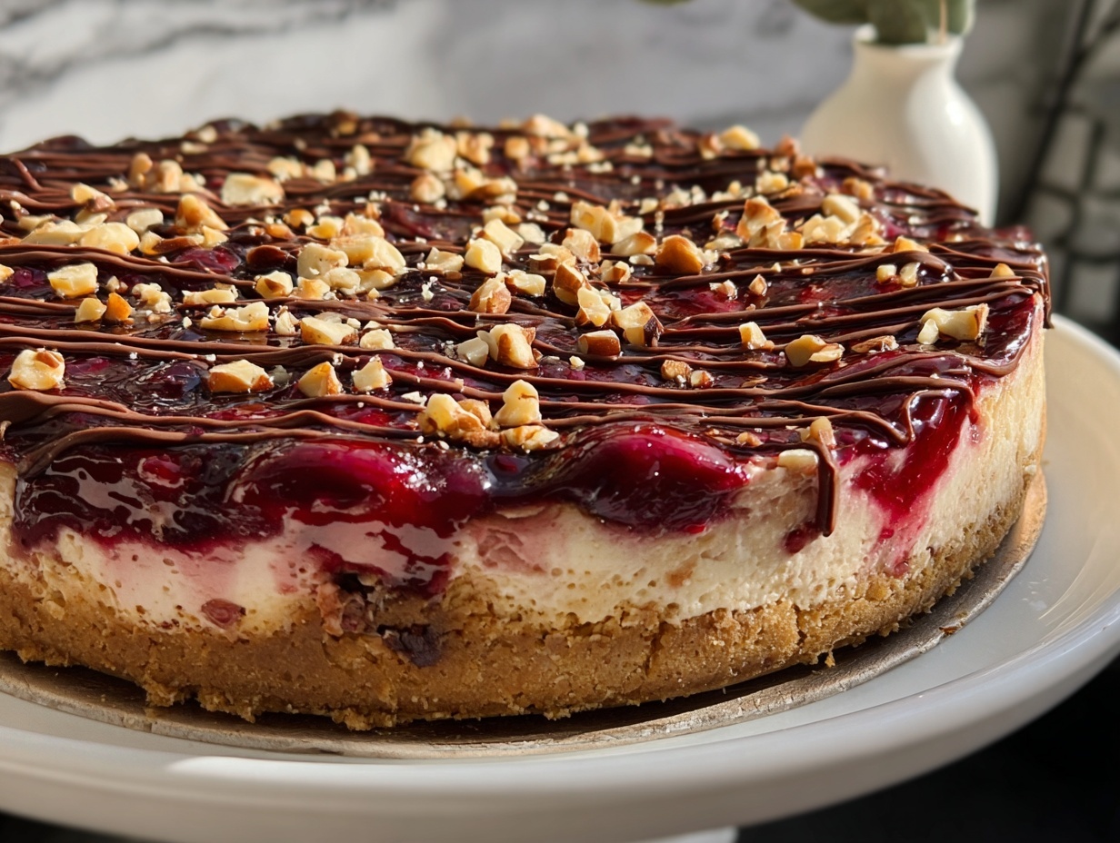 Cherry Blossom Cheesecake with Cherry Pie Filling, Chocolate Drizzle, and Crunchy Nuts Recipe