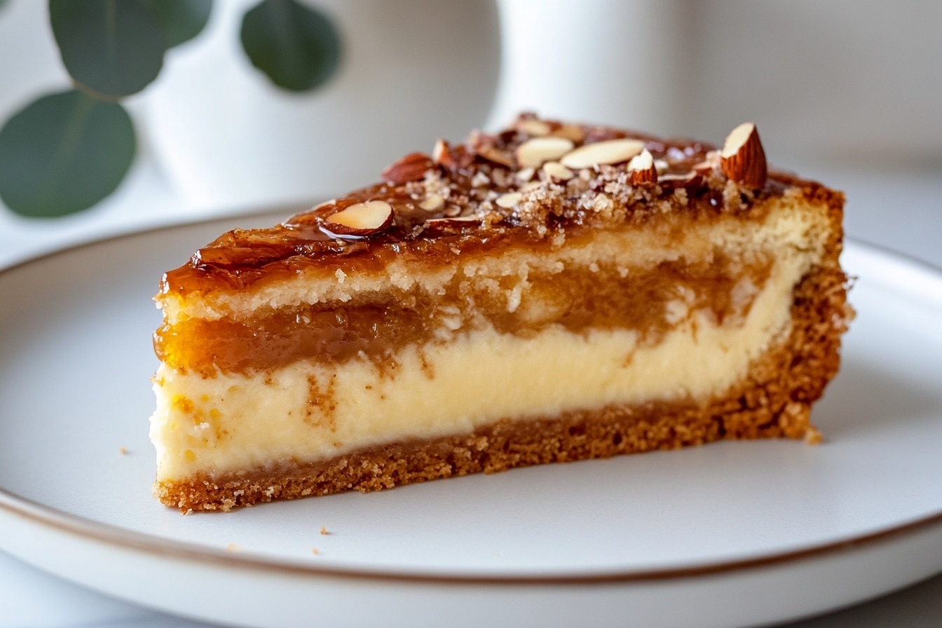 Heavenly Honey Almond Bee Sting Cake: A German Bienenstich Delight Recipe 6 Whole round lemon almond cake displayed on a pristine white plate, featuring a generous glossy lemon glaze topped with whole toasted almond slices evenly spread across the surface, vibrant lemon wedges artfully placed around the edges adding a fresh citrus appeal, whole cake presented from a 3/4 angle with a white marble background and natural soft directional lighting emphasizing the moist texture and glistening finish, styled as a hero shot for a gourmet food magazine, elegant and indulgent dessert composition. REALISTIC STYLE IMAGE| TAGS: High-end food photography, clean composition, dramatic lighting, luxurious, elegant, mouth-watering, indulgent, gourmet | CAMERA: Nikon Z7 | FOCAL LENGTH: 50mm | SHOT TYPE: Close-up | COMPOSITION: 3/4 angle | LIGHTING: Soft directional light | PRODUCTION: Food Stylist | TIME: Daytime I LOCATION TYPE: Kitchen near windows --stylize 150 --ar 3:2