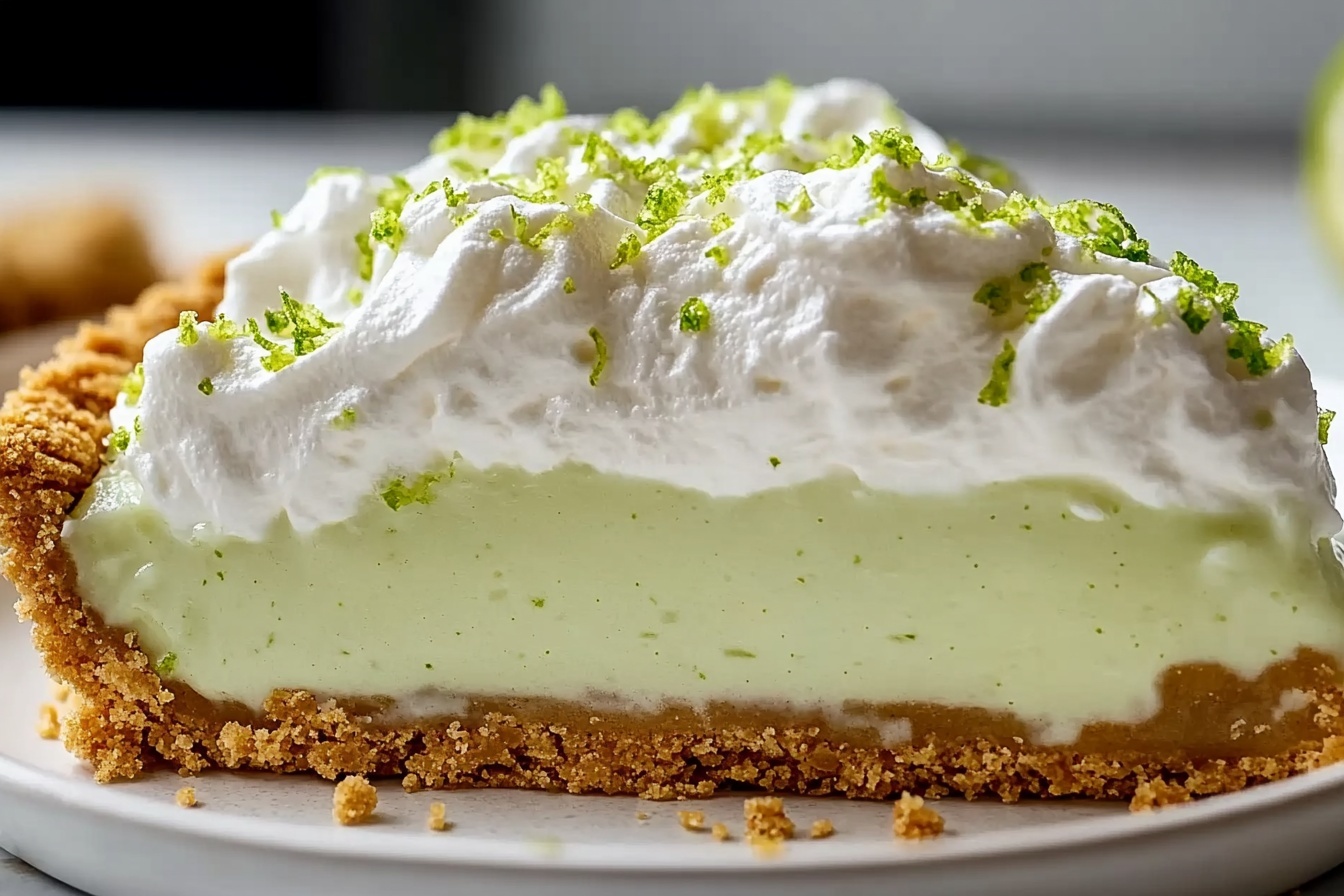 Whole uncut key lime pie with a crumbly golden graham cracker crust, topped generously with swirls of fluffy white whipped cream and finished with small green lime zest sprinkles, presented on a large white ceramic plate, captured in a professional 3/4 angle close-up shot on a white marble kitchen countertop under soft natural directional daylight, styled by a food professional to highlight the smooth creamy texture and vibrant colors, evoking indulgence and freshness. REALISTIC STYLE IMAGE| TAGS: High-end food photography, clean composition, dramatic lighting, luxurious, elegant, mouth-watering, indulgent, gourmet | CAMERA: Nikon Z7 | FOCAL LENGTH: 50mm | SHOT TYPE: Close-up | COMPOSITION: 3/4 angle | LIGHTING: Soft directional light | PRODUCTION: Food Stylist | TIME: Daytime I LOCATION TYPE: Kitchen near windows --stylize 150 --ar 3:2