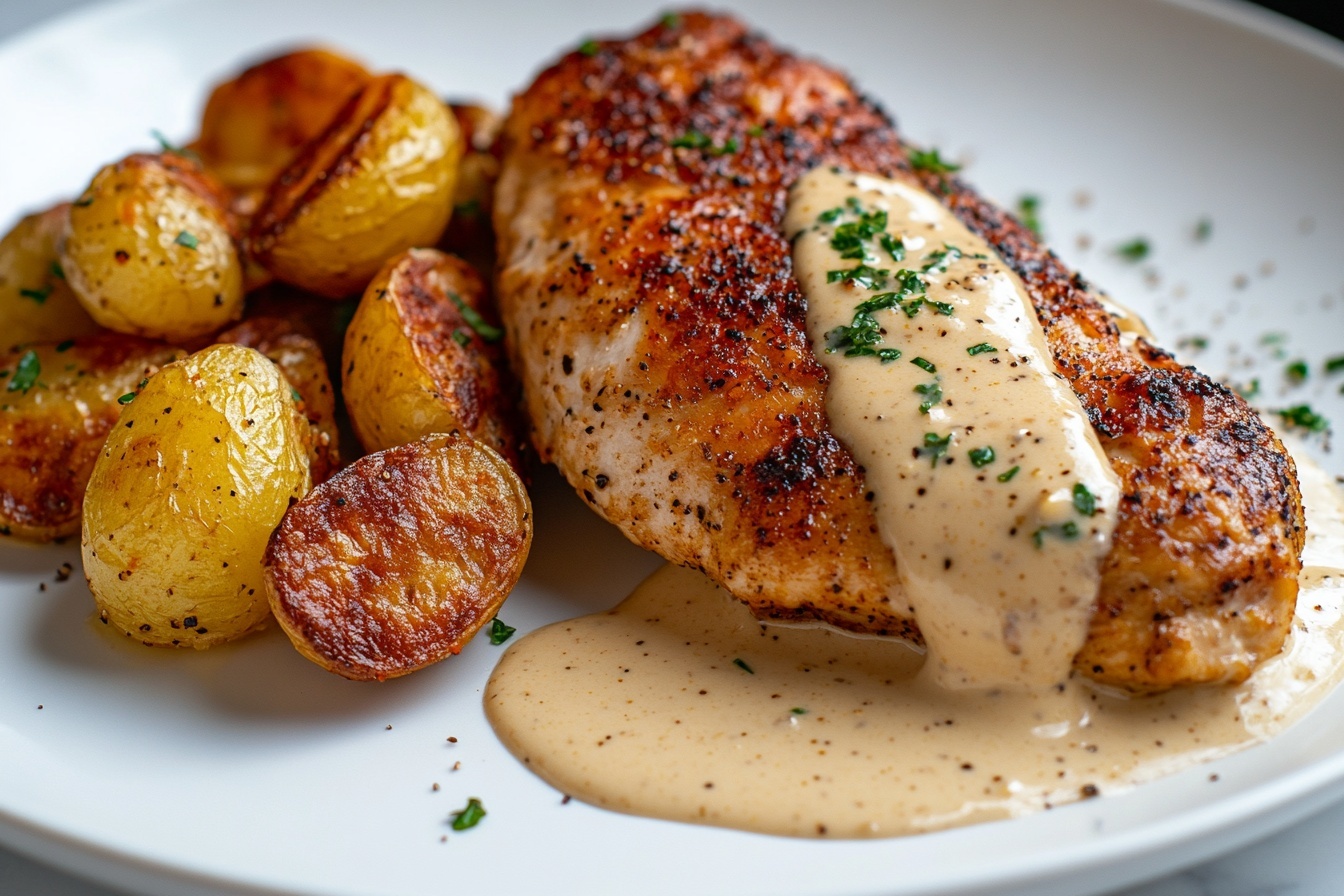 A large round white enameled cast iron pot filled with three whole golden-brown seared chicken breasts nestled in a luscious creamy sauce, surrounded by a generous portion of halved roasted baby potatoes seasoned with cracked black pepper and fresh herbs, the sauce rich and velvety with specks of freshly chopped parsley giving a vibrant touch, photographed from a 3/4 angle with soft natural light highlighting the textures, set on a white marble kitchen countertop creating an elegant and inviting gourmet presentation, pristine and whole dish in frame, styled for a high-end food magazine. REALISTIC STYLE IMAGE| TAGS: High-end food photography, clean composition, dramatic lighting, luxurious, elegant, mouth-watering, indulgent, gourmet | CAMERA: Nikon Z7 | FOCAL LENGTH: 50mm | SHOT TYPE: Close-up | COMPOSITION: 3/4 angle | LIGHTING: Soft directional light | PRODUCTION: Food Stylist | TIME: Daytime I LOCATION TYPE: Kitchen near windows --stylize 150 --ar 3:2