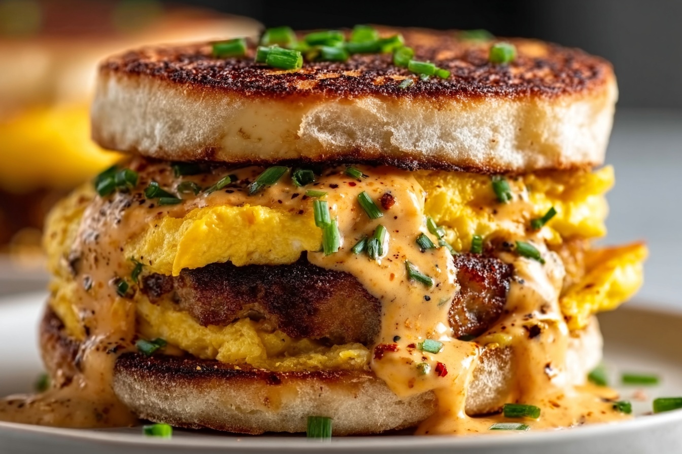 Whole large white rectangular plate filled with a neatly stacked, full portion of breakfast sandwiches made with golden toasted English muffins, fluffy scrambled eggs, crisp sausage patties, and drizzled with creamy, pepper-speckled sauce, garnished with finely chopped chives, arranged in an inviting pyramid, captured from a 3/4 angle on a white marble kitchen countertop with soft natural daylight highlighting the rich textures and vibrant colors, styled like a premium food magazine hero shot. REALISTIC STYLE IMAGE| TAGS: High-end food photography, clean composition, dramatic lighting, luxurious, elegant, mouth-watering, indulgent, gourmet | CAMERA: Nikon Z7 | FOCAL LENGTH: 50mm | SHOT TYPE: Close-up | COMPOSITION: 3/4 angle | LIGHTING: Soft directional light | PRODUCTION: Food Stylist | TIME: Daytime I LOCATION TYPE: Kitchen near windows --stylize 150 --ar 3:2