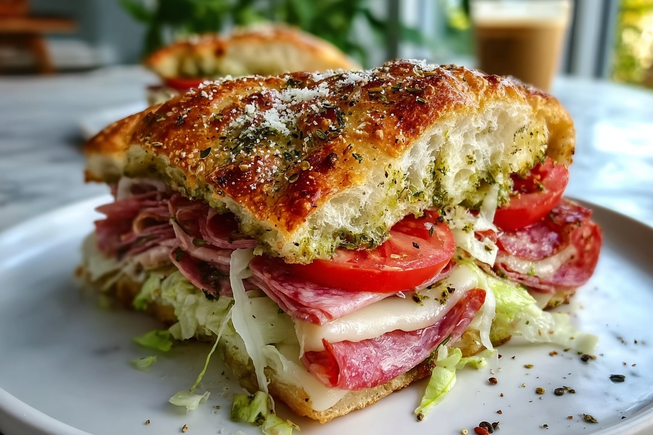 A whole large white ceramic serving tray displaying a complete, uncut Italian sub sandwich made on rustic hoagie bread with a golden, seasoned crust topped with herbs and garlic. The sandwich is generously stacked with folded layers of spicy salami, melted provolone cheese oozing slightly, fresh ripe tomato slices, shredded crisp cabbage, and rings of red onion, perfectly arranged to showcase vibrant color contrasts. The tray is set on a pristine white marble kitchen countertop bathed in soft natural daylight, emphasizing the fresh ingredients and textures, styled and shot from a 3/4 angle to capture the full length and delicious appeal of the entire sandwich. REALISTIC STYLE IMAGE| TAGS: High-end food photography, clean composition, dramatic lighting, luxurious, elegant, mouth-watering, indulgent, gourmet | CAMERA: Nikon Z7 | FOCAL LENGTH: 50mm | SHOT TYPE: Close-up | COMPOSITION: 3/4 angle | LIGHTING: Soft directional light | PRODUCTION: Food Stylist | TIME: Daytime I LOCATION TYPE: Kitchen near windows --stylize 150 --ar 3:2