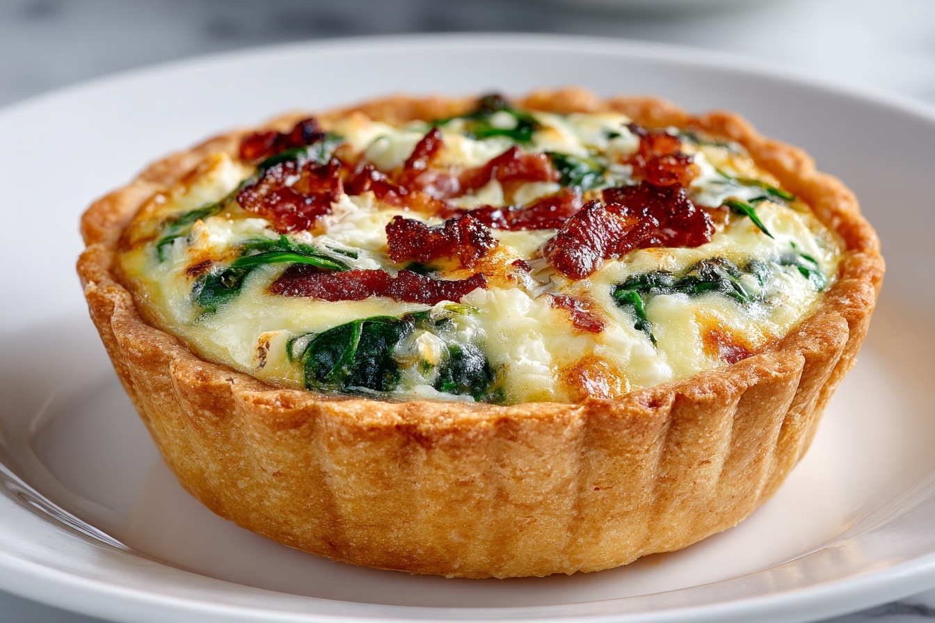 A large white rectangular ceramic serving tray filled with dozens of mini quiches, each perfectly baked in golden, flaky pastry crusts and bursting with a creamy mixture of melted cheese, fresh green spinach, bits of savory bacon, and finely chopped scallions, arranged closely together to showcase a uniform, appetizing array. The quiches glisten with a light crust of melted cheese and specks of black pepper, presented on a white marble kitchen countertop under soft natural daylight, styled to highlight their golden edges and vibrant greens, capturing a rich, indulgent, and gourmet appeal. REALISTIC STYLE IMAGE| TAGS: High-end food photography, clean composition, dramatic lighting, luxurious, elegant, mouth-watering, indulgent, gourmet | CAMERA: Nikon Z7 | FOCAL LENGTH: 50mm | SHOT TYPE: Close-up | COMPOSITION: 3/4 angle | LIGHTING: Soft directional light | PRODUCTION: Food Stylist | TIME: Daytime I LOCATION TYPE: Kitchen near windows --stylize 150 --ar 3:2