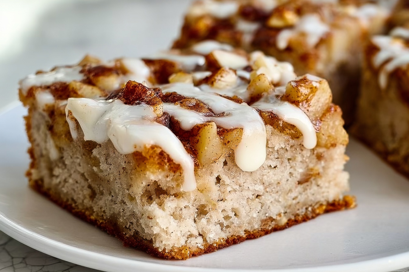 Full rectangular metal baking pan filled with freshly baked apple cinnamon bars generously topped with a delicate drizzle of white icing, the whole tray showcasing the golden-brown spiced apple chunks embedded in a soft, moist base, presented on a white marble kitchen countertop with natural daylight highlighting the warm textures and inviting aroma, styled as a hero shot from a gourmet food magazine. REALISTIC STYLE IMAGE| TAGS: High-end food photography, clean composition, dramatic lighting, luxurious, elegant, mouth-watering, indulgent, gourmet | CAMERA: Nikon Z7 | FOCAL LENGTH: 50mm | SHOT TYPE: Close-up | COMPOSITION: 3/4 angle | LIGHTING: Soft directional light | PRODUCTION: Food Stylist | TIME: Daytime I LOCATION TYPE: Kitchen near windows --stylize 150 --ar 3:2