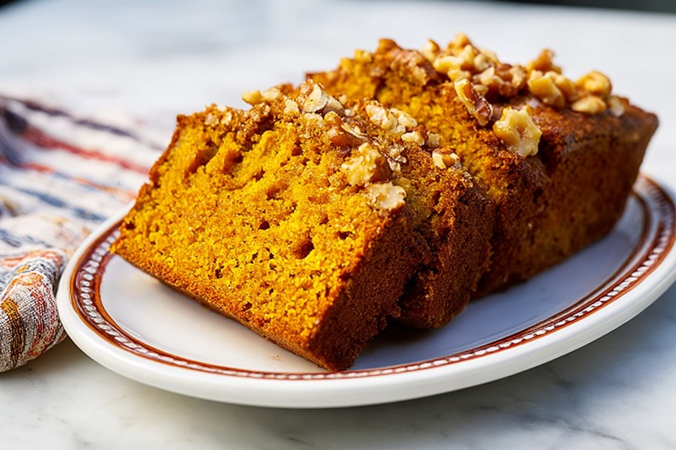 A whole freshly baked loaf of moist pumpkin bread studded with crunchy walnut pieces, sitting intact on a large white ceramic serving platter, showcasing the warm, golden-brown crust and textured top with nut toppings, photographed at a 3/4 angle on a white marble countertop with natural soft directional daylight streaming in, styled like a high-end food magazine hero shot, emphasizing the inviting, rustic yet elegant quality of the entire loaf without any slices or portions removed. REALISTIC STYLE IMAGE| TAGS: High-end food photography, clean composition, dramatic lighting, luxurious, elegant, mouth-watering, indulgent, gourmet | CAMERA: Nikon Z7 | FOCAL LENGTH: 50mm | SHOT TYPE: Close-up | COMPOSITION: 3/4 angle | LIGHTING: Soft directional light | PRODUCTION: Food Stylist | TIME: Daytime I LOCATION TYPE: Kitchen near windows --stylize 150 --ar 3:2