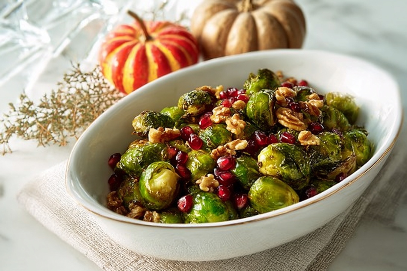 Apple Cider Glazed Brussels Sprouts with Pomegranate and Walnuts Recipe