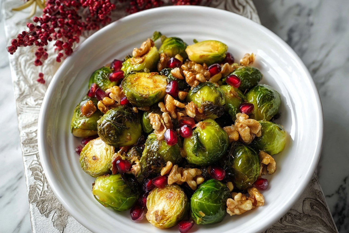 Large white oval ceramic serving dish filled with whole roasted Brussels sprouts tossed with chopped walnuts and scattered pomegranate seeds, glistening with a light glaze, arranged artfully to showcase the entire dish, photographed from a 3/4 angle on a white marble kitchen countertop, natural soft directional daylight illuminating the fresh greens and vibrant reds, styled for a high-end food magazine hero shot. REALISTIC STYLE IMAGE| TAGS: High-end food photography, clean composition, dramatic lighting, luxurious, elegant, mouth-watering, indulgent, gourmet | CAMERA: Nikon Z7 | FOCAL LENGTH: 50mm | SHOT TYPE: Close-up | COMPOSITION: 3/4 angle | LIGHTING: Soft directional light | PRODUCTION: Food Stylist | TIME: Daytime I LOCATION TYPE: Kitchen near windows --stylize 150 --ar 3:2