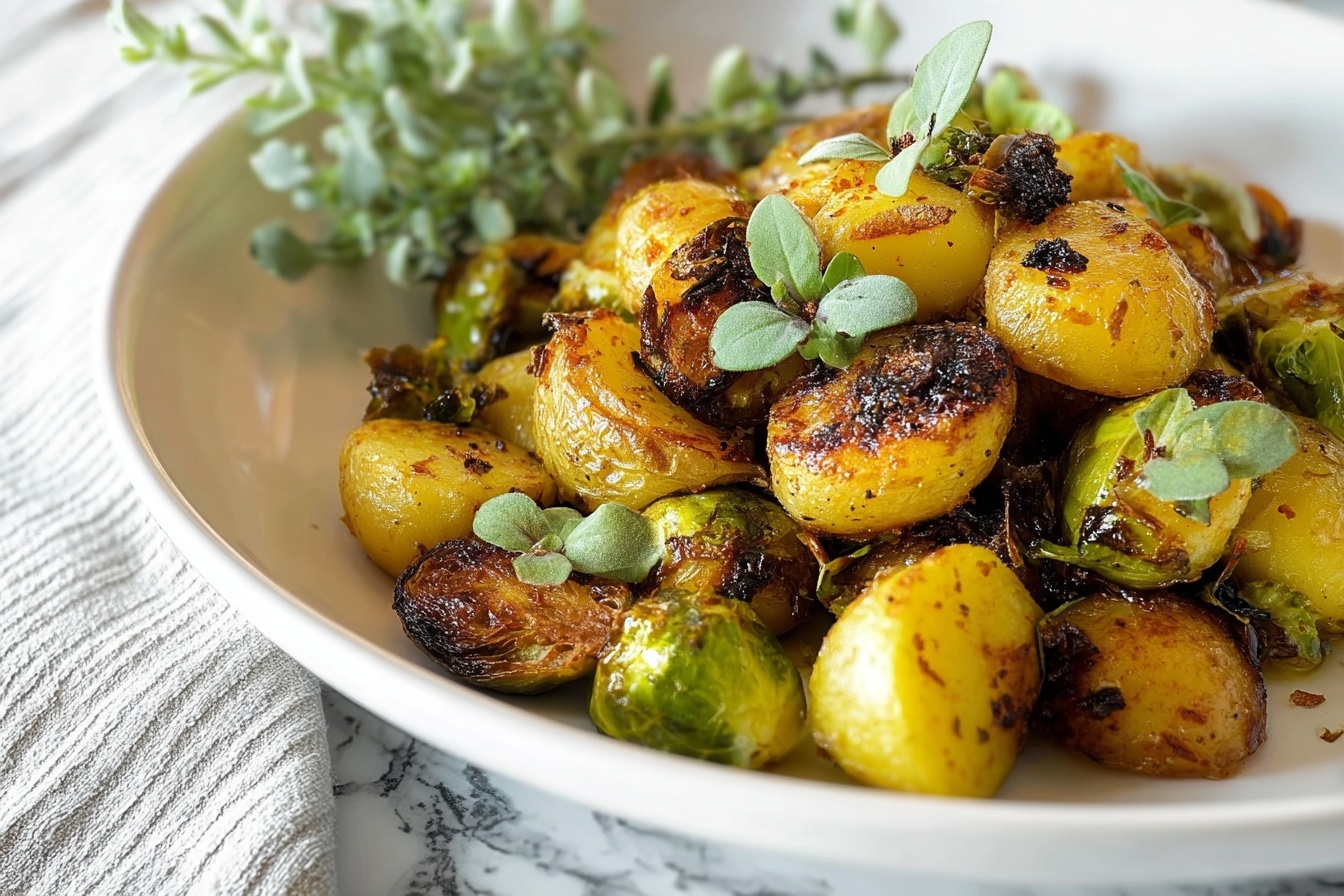 A large white rectangular baking dish filled with perfectly roasted Brussels sprouts and baby potatoes, glistening with a light coating of olive oil and fresh herbs, all evenly browned and crisped to perfection. The whole uncut dish is presented on a white marble countertop, bathed in soft natural light that highlights the rich golden and green tones of the vegetables. The background includes subtle hints of kitchen décor with a clean, elegant style, emphasizing the wholesome, rustic yet refined quality of the dish. REALISTIC STYLE IMAGE| TAGS: High-end food photography, clean composition, dramatic lighting, luxurious, elegant, mouth-watering, indulgent, gourmet | CAMERA: Nikon Z7 | FOCAL LENGTH: 50mm | SHOT TYPE: Close-up | COMPOSITION: 3/4 angle | LIGHTING: Soft directional light | PRODUCTION: Food Stylist | TIME: Daytime I LOCATION TYPE: Kitchen near windows --stylize 150 --ar 3:2