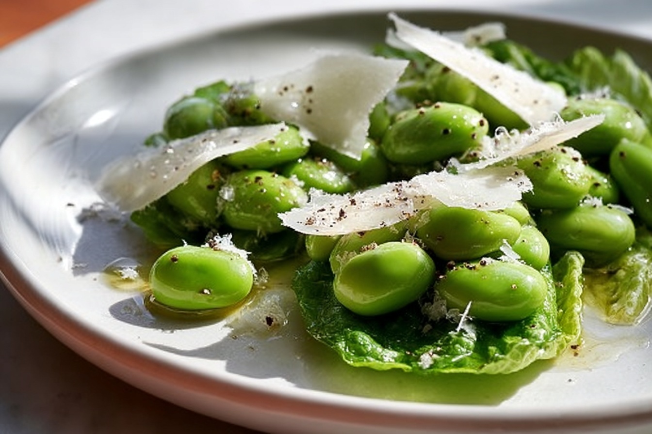 Large white oval ceramic serving plate filled with a generous arrangement of fresh broad beans, lightly seasoned and topped with delicate, thin slices of Parmesan cheese scattered evenly across the entire dish. Crisp green lettuce leaves form a fresh, leafy border around the beans, adding vibrant color and texture contrast. The whole dish is presented on a white marble countertop with natural daylight streaming through nearby windows, emphasizing the glossy sheen of the beans and the fresh green hues. This bowl-sized serving is styled to highlight freshness and simplicity, captured from a 3/4 angle to showcase the entire dish in an elegant, gourmet presentation. REALISTIC STYLE IMAGE| TAGS: High-end food photography, clean composition, dramatic lighting, luxurious, elegant, mouth-watering, indulgent, gourmet | CAMERA: Nikon Z7 | FOCAL LENGTH: 50mm | SHOT TYPE: Close-up | COMPOSITION: 3/4 angle | LIGHTING: Soft directional light | PRODUCTION: Food Stylist | TIME: Daytime I LOCATION TYPE: Kitchen near windows --stylize 150 --ar 3:2