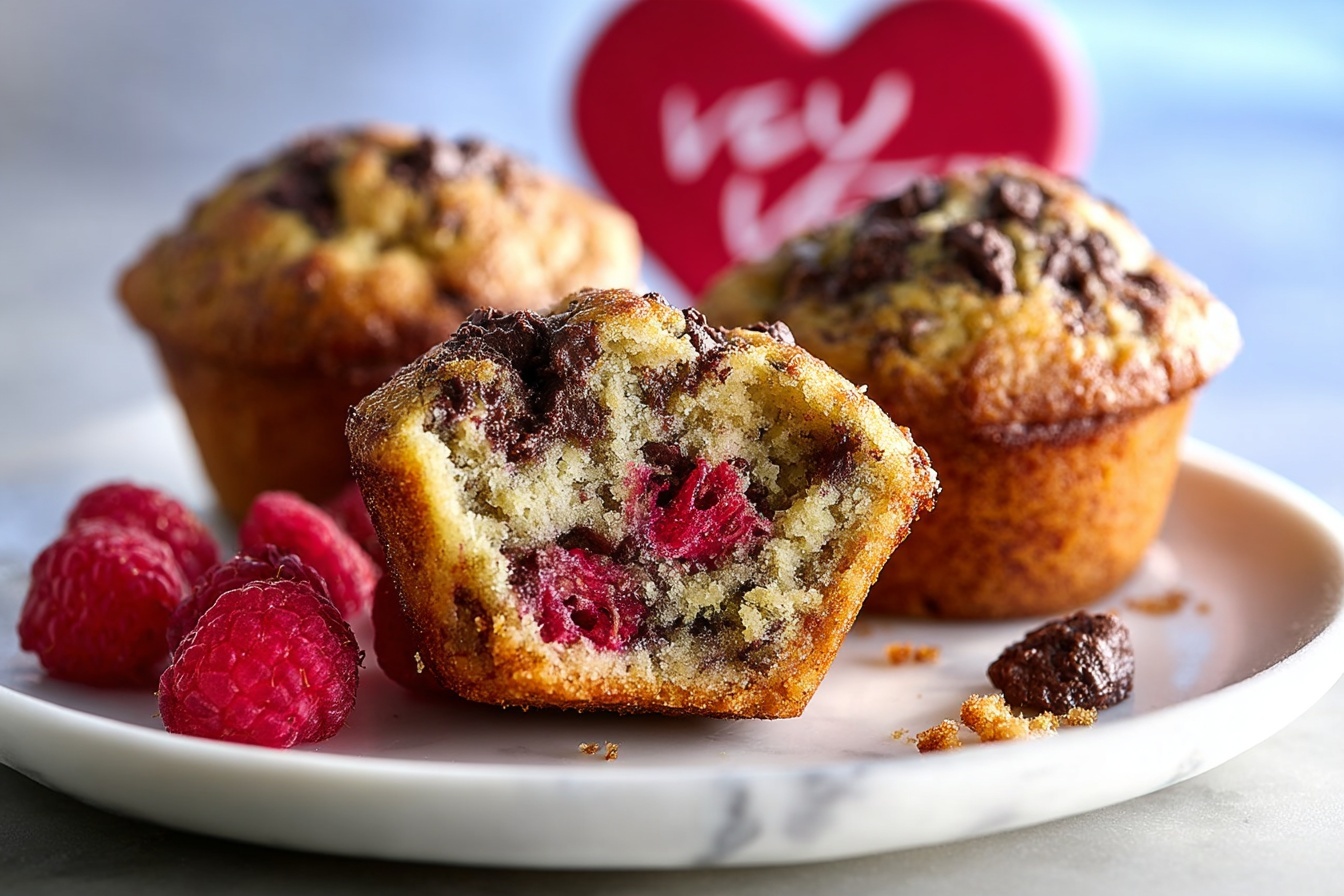 A large white oval ceramic serving tray filled with a fresh batch of golden-baked muffins studded with chunks of rich dark chocolate and topped with whole ripe raspberries arranged neatly on a clean white marble countertop, the muffins showcasing a rustic, inviting texture and perfectly domed tops, styled with natural daylight streaming from nearby kitchen windows illuminating the moist crumb and glossy chocolate pieces, creating an elegant, mouth-watering bakery presentation. REALISTIC STYLE IMAGE| TAGS: High-end food photography, clean composition, dramatic lighting, luxurious, elegant, mouth-watering, indulgent, gourmet | CAMERA: Nikon Z7 | FOCAL LENGTH: 50mm | SHOT TYPE: Close-up | COMPOSITION: 3/4 angle | LIGHTING: Soft directional light | PRODUCTION: Food Stylist | TIME: Daytime I LOCATION TYPE: Kitchen near windows --stylize 150 --ar 3:2