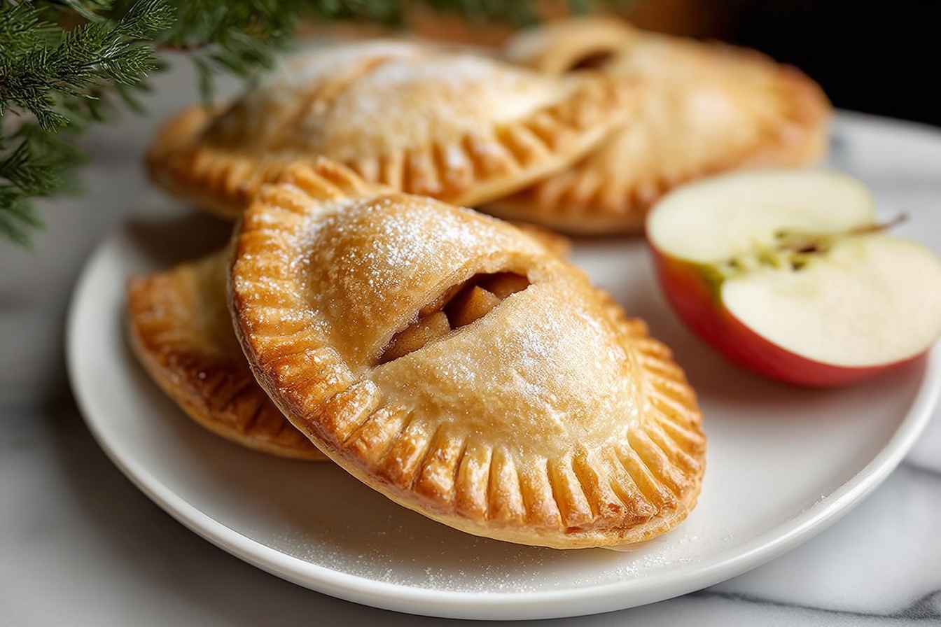 A large white oval ceramic serving tray piled high with a generous batch of golden-brown hand pies, each one perfectly sealed with crimped edges and a small vent in the center revealing caramelized fruit filling inside. The pies have a delicate sugar dusting that catches the soft natural light, highlighting their flaky texture and warm inviting appearance. The arrangement is styled to showcase abundance and rustic charm, set against a white marble kitchen countertop with soft directional daylight that evokes a cozy, elegant atmosphere. REALISTIC STYLE IMAGE| TAGS: High-end food photography, clean composition, dramatic lighting, luxurious, elegant, mouth-watering, indulgent, gourmet | CAMERA: Nikon Z7 | FOCAL LENGTH: 50mm | SHOT TYPE: Close-up | COMPOSITION: 3/4 angle | LIGHTING: Soft directional light | PRODUCTION: Food Stylist | TIME: Daytime I LOCATION TYPE: Kitchen near windows --stylize 150 --ar 3:2