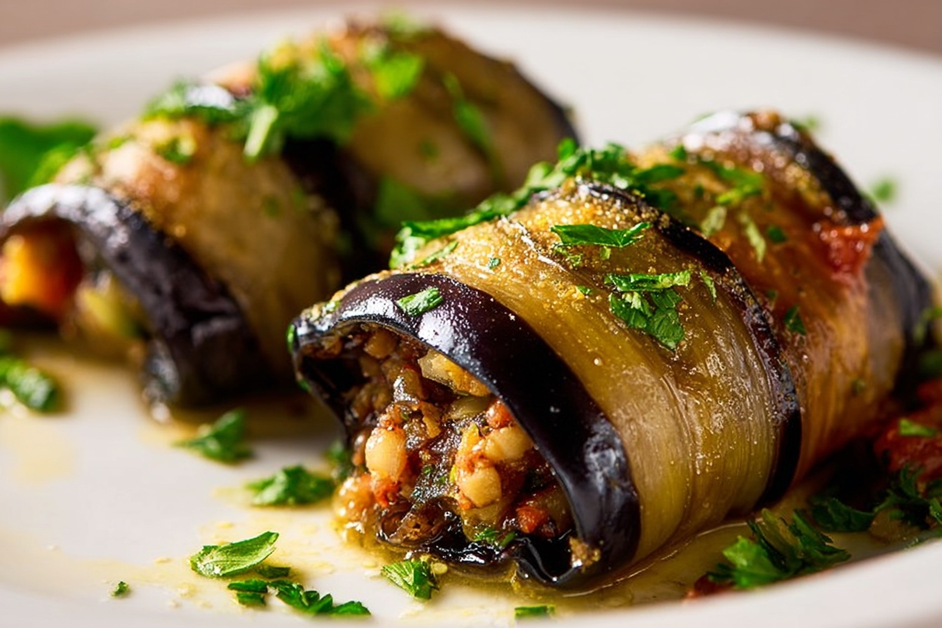 Stuffed Sicilian Eggplant Rolls Recipe 6 Large oval white ceramic serving platter filled with a complete batch of golden-brown stuffed eggplant rolls, each piece tightly wrapped and garnished with finely chopped fresh parsley, accompanied by sprigs of fresh parsley on the side for a vibrant, fresh contrast, photographed from a 3/4 angle on a white marble kitchen countertop with natural soft directional daylight streaming near windows, styled in an elegant and mouth-watering gourmet presentation, perfect for a high-end food magazine hero shot. REALISTIC STYLE IMAGE| TAGS: High-end food photography, clean composition, dramatic lighting, luxurious, elegant, mouth-watering, indulgent, gourmet | CAMERA: Nikon Z7 | FOCAL LENGTH: 50mm | SHOT TYPE: Close-up | COMPOSITION: 3/4 angle | LIGHTING: Soft directional light | PRODUCTION: Food Stylist | TIME: Daytime I LOCATION TYPE: Kitchen near windows --stylize 150 --ar 3:2