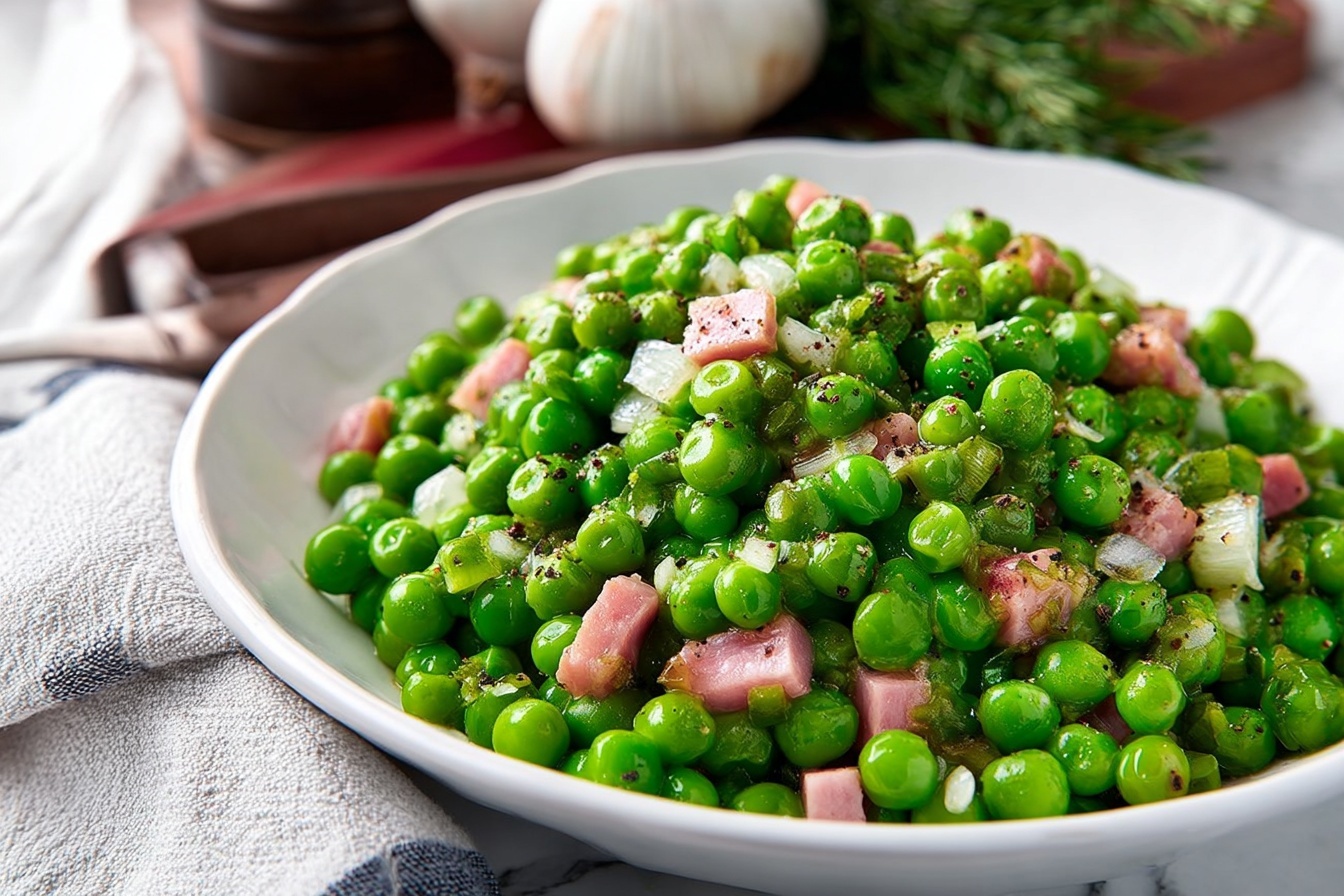 Spring Peas with Pancetta and Onions Recipe 6 Large white square serving dish filled with vibrant green peas mixed with small cubes of ham and finely chopped onions, fully seasoned with black pepper, presented as a wholesome side dish. The peas are glossy and plump, complementing the pink ham cubes, all arranged neatly in the dish, showcasing the entire portion against a white marble kitchen countertop. The scene is bathed in natural soft lighting, styled elegantly with decorative patterned white ceramic containers and a green fern plant in the background, creating a clean and inviting atmosphere. REALISTIC STYLE IMAGE| TAGS: High-end food photography, clean composition, dramatic lighting, luxurious, elegant, mouth-watering, indulgent, gourmet | CAMERA: Nikon Z7 | FOCAL LENGTH: 50mm | SHOT TYPE: Close-up | COMPOSITION: 3/4 angle | LIGHTING: Soft directional light | PRODUCTION: Food Stylist | TIME: Daytime I LOCATION TYPE: Kitchen near windows --stylize 150 --ar 3:2