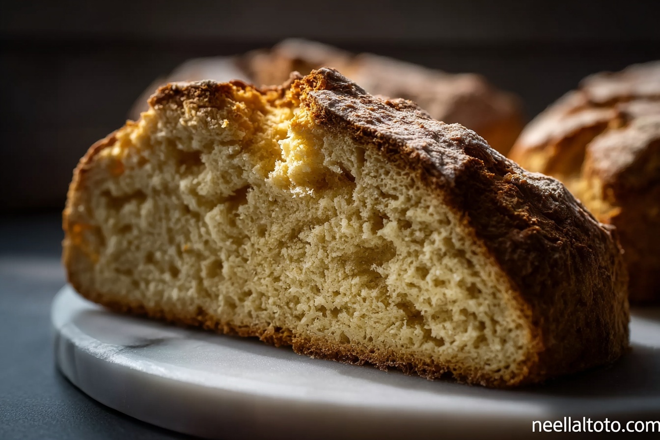 Round whole soda bread loaf with a crisp, golden brown crust speckled with oats and a rustic homemade texture, presented on a white ceramic plate resting on a white marble kitchen countertop, natural daylight softly illuminating the detailed crumb and crust, styled as a hero food magazine shot showing the entire uncut loaf in a cozy kitchen setting near windows, emphasizing artisanal quality and wholesome appeal, professional food styling, clean and elegant composition, mouth-watering and indulgent | REALISTIC STYLE IMAGE| TAGS: High-end food photography, clean composition, dramatic lighting, luxurious, elegant, mouth-watering, indulgent, gourmet | CAMERA: Nikon Z7 | FOCAL LENGTH: 50mm | SHOT TYPE: Close-up | COMPOSITION: 3/4 angle | LIGHTING: Soft directional light | PRODUCTION: Food Stylist | TIME: Daytime I LOCATION TYPE: Kitchen near windows --stylize 150 --ar 3:2