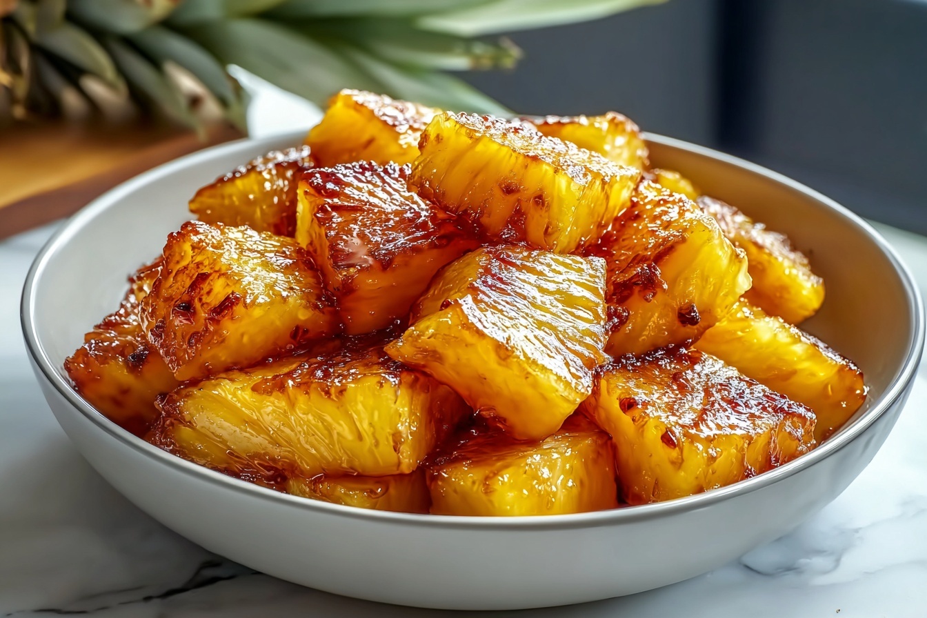 Large white bowl filled with whole, caramelized pineapple chunks evenly glazed with a golden-brown caramelized sugar crust, showcasing the glossy texture and natural juiciness of the fruit, each piece arranged to highlight the vibrant yellow flesh and slightly charred edges, photographed in a professional food styling setting on a white marble countertop with natural daylight streaming from nearby kitchen windows, capturing the dish at a 3/4 angle to emphasize its mouth-watering appeal. REALISTIC STYLE IMAGE| TAGS: High-end food photography, clean composition, dramatic lighting, luxurious, elegant, mouth-watering, indulgent, gourmet | CAMERA: Nikon Z7 | FOCAL LENGTH: 50mm | SHOT TYPE: Close-up | COMPOSITION: 3/4 angle | LIGHTING: Soft directional light | PRODUCTION: Food Stylist | TIME: Daytime I LOCATION TYPE: Kitchen near windows --stylize 150 --ar 3:2