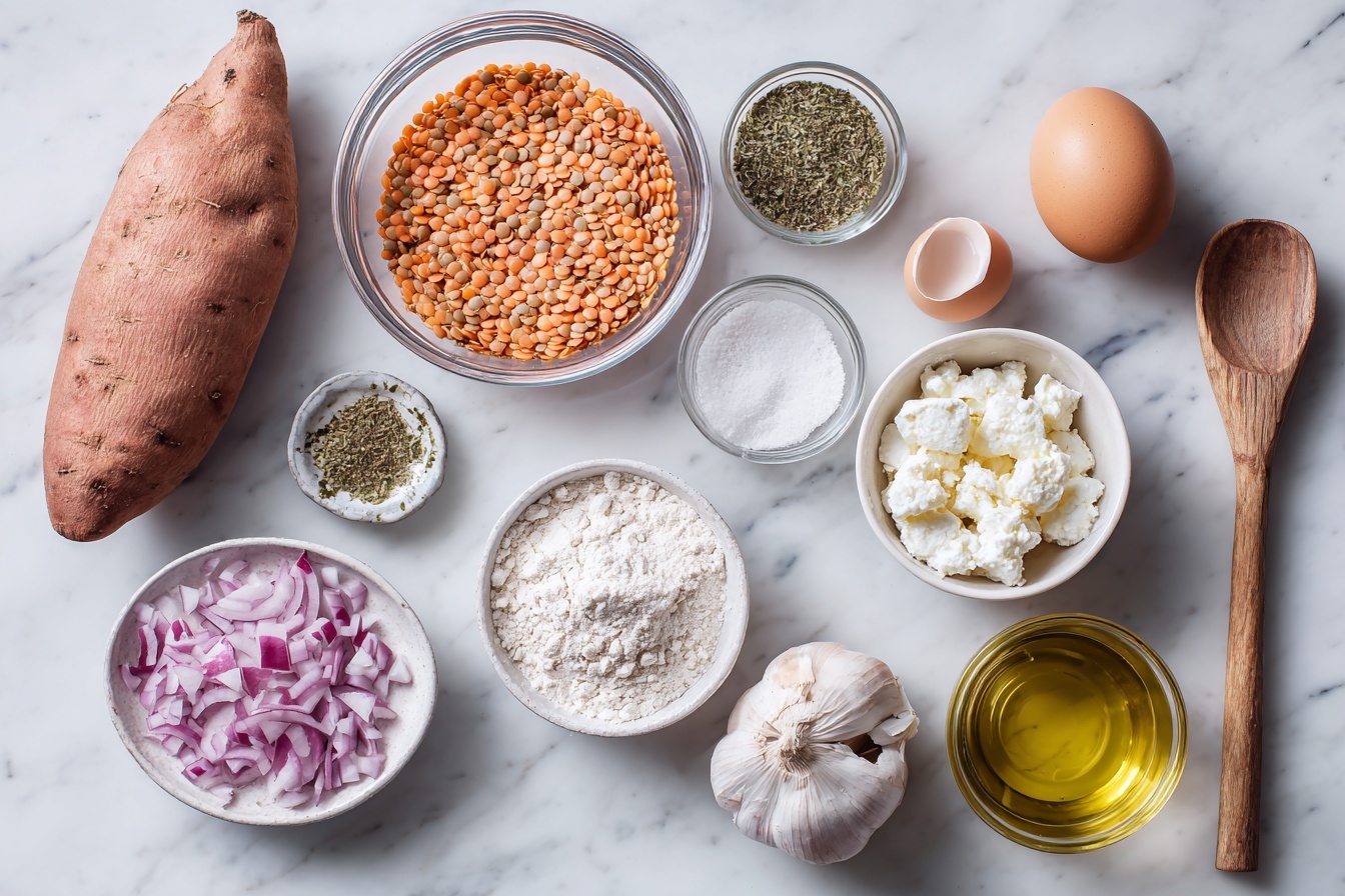 Single white plate featuring one golden-brown lentil and feta fritter, close-up angled shot highlighting the crispy crust and the soft, textured interior dotted with feta chunks and herbs, garnished with fresh chopped parsley, set on a white marble background with natural daylight streaming in, styled as a ready-to-eat savory treat from a food blog, showcasing depth and the layered texture of the fritter’s interior. REALISTIC STYLE IMAGE| TAGS: High-end food photography, clean composition, dramatic lighting, luxurious, elegant, mouth-watering, indulgent, gourmet | CAMERA: Nikon Z7 | FOCAL LENGTH: 50mm | SHOT TYPE: Close-up | COMPOSITION: 3/4 angle | LIGHTING: Soft directional light | PRODUCTION: Food Stylist | TIME: Daytime I LOCATION TYPE: Kitchen near windows --stylize 150 --ar 3:2