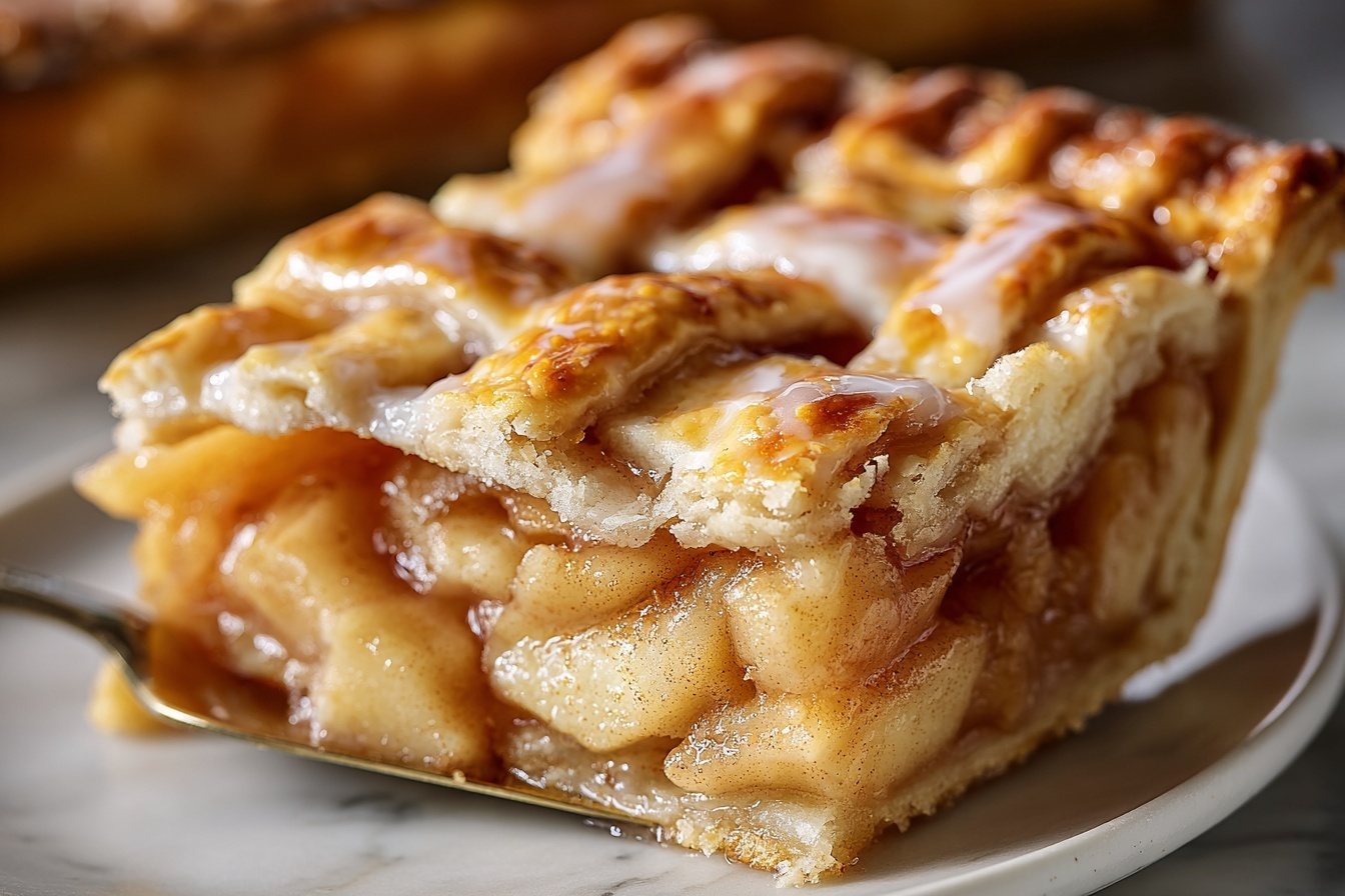A full rectangular apple pie in a rustic metal baking pan, showcasing a perfectly golden lattice crust with a light drizzle of shiny white icing glaze over the top. The pie is filled with tender, cinnamon-spiced sliced apples visible through the lattice, with a flaky, buttery crust along the edges. The whole dish is photographed from a 3/4 angle on a white marble kitchen countertop under soft natural light, styled to emphasize the warmth and inviting texture of the pie, as a hero shot from a gourmet food magazine. REALISTIC STYLE IMAGE| TAGS: High-end food photography, clean composition, dramatic lighting, luxurious, elegant, mouth-watering, indulgent, gourmet | CAMERA: Nikon Z7 | FOCAL LENGTH: 50mm | SHOT TYPE: Close-up | COMPOSITION: 3/4 angle | LIGHTING: Soft directional light | PRODUCTION: Food Stylist | TIME: Daytime I LOCATION TYPE: Kitchen near windows --stylize 150 --ar 3:2