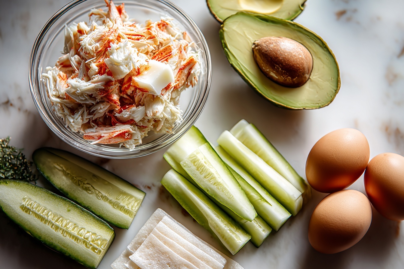 Single white square plate displaying one thick, triangular sushi sandwich slice (onigirazu) with a visible cross-section showcasing layers of fluffy white sushi rice, dark nori seaweed wrap, creamy crab salad, and ripe avocado slices, with toasted sesame seeds sprinkled on top. The close-up shot highlights the detailed texture of sushi rice grains and the rich interior filling, artfully plated against a white marble surface under soft natural window light, styled as a gourmet individual serving ready to eat. REALISTIC STYLE IMAGE| TAGS: High-end food photography, clean composition, dramatic lighting, luxurious, elegant, mouth-watering, indulgent, gourmet | CAMERA: Nikon Z7 | FOCAL LENGTH: 50mm | SHOT TYPE: Close-up | COMPOSITION: 3/4 angle | LIGHTING: Soft directional light | PRODUCTION: Food Stylist | TIME: Daytime I LOCATION TYPE: Kitchen near windows --stylize 150 --ar 3:2