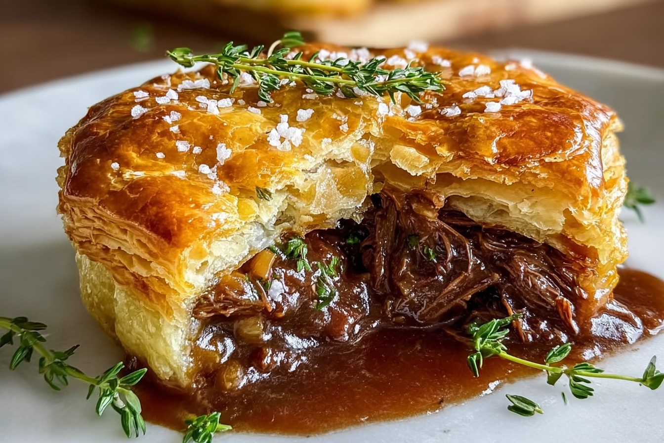 An entire golden-brown beef wellington resting on a rustic wooden board, its flaky puff pastry crust perfectly intact and glistening with an egg wash glaze, sprinkled lightly with sea salt flakes and fresh thyme sprigs. The whole dish is presented without slicing, showcasing the beautifully puffed layers and an inviting, glossy surface. The setting includes a clean white marble kitchen counter as the background with natural daylight illuminating the dish, capturing the texture and rich colors in a luxurious and mouth-watering style. REALISTIC STYLE IMAGE| TAGS: High-end food photography, clean composition, dramatic lighting, luxurious, elegant, mouth-watering, indulgent, gourmet | CAMERA: Nikon Z7 | FOCAL LENGTH: 50mm | SHOT TYPE: Close-up | COMPOSITION: 3/4 angle | LIGHTING: Soft directional light | PRODUCTION: Food Stylist | TIME: Daytime I LOCATION TYPE: Kitchen near windows --stylize 150 --ar 3:2