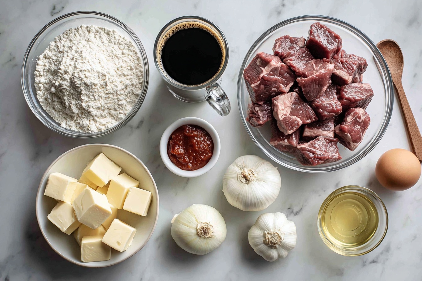 Single white plate with a plated portion of rich beef pot pie showing a cross-section of flaky golden puff pastry crust on top and bottom, revealing tender shredded beef immersed in a thick, savory gravy with visible herbs inside, garnished with fresh thyme sprigs and sprinkled coarse sea salt on the crust edges, placed on a white marble surface; close-up shot capturing the layers and moist filling, styled for a food blog. REALISTIC STYLE IMAGE | TAGS: High-end food photography, clean composition, dramatic lighting, luxurious, elegant, mouth-watering, indulgent, gourmet | CAMERA: Nikon Z7 | FOCAL LENGTH: 50mm | SHOT TYPE: Close-up | COMPOSITION: 3/4 angle | LIGHTING: Soft directional light | PRODUCTION: Food Stylist | TIME: Daytime I LOCATION TYPE: Kitchen near windows --stylize 150 --ar 3:2