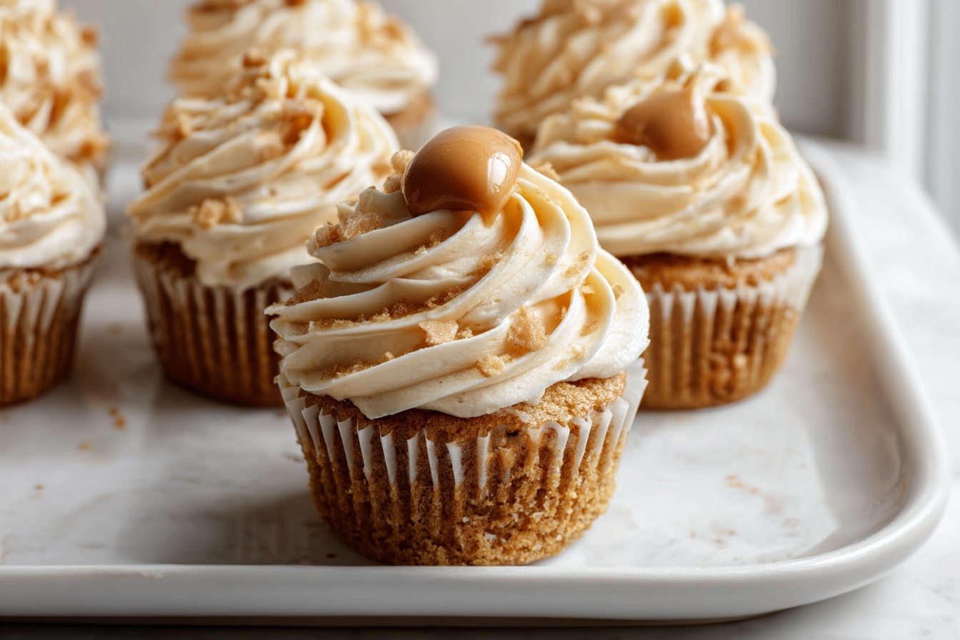 A full rectangular baking tray filled with a dozen perfectly baked cupcakes, each topped with generous swirls of creamy caramel frosting and a smooth caramel center. The cupcakes are uniformly arranged in neat rows on a white marble kitchen countertop, natural light enhancing the golden hues and creamy textures. The frosting is elegantly piped with a glossy finish, inviting and indulgent, with the entire tray presented from a 3/4 angle to capture the full volume of the dish in a high-end food magazine style. REALISTIC STYLE IMAGE| TAGS: High-end food photography, clean composition, dramatic lighting, luxurious, elegant, mouth-watering, indulgent, gourmet | CAMERA: Nikon Z7 | FOCAL LENGTH: 50mm | SHOT TYPE: Close-up | COMPOSITION: 3/4 angle | LIGHTING: Soft directional light | PRODUCTION: Food Stylist | TIME: Daytime I LOCATION TYPE: Kitchen near windows --stylize 150 --ar 3:2
