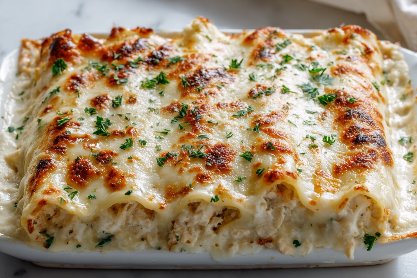 A large rectangular white baking dish filled with a full tray of creamy, cheesy baked lasagna, layers of rich béchamel sauce, gooey melted mozzarella, and finely browned top sprinkled with fresh chopped parsley, showing the entire uncut casserole with a golden-bubbly crust, photographed at a 3/4 angle on a pristine white marble kitchen countertop with natural soft directional daylight coming from nearby windows, styled elegantly to emphasize indulgence and gourmet appeal, a hero shot worthy of a high-end food magazine. REALISTIC STYLE IMAGE| TAGS: High-end food photography, clean composition, dramatic lighting, luxurious, elegant, mouth-watering, indulgent, gourmet | CAMERA: Nikon Z7 | FOCAL LENGTH: 50mm | SHOT TYPE: Close-up | COMPOSITION: 3/4 angle | LIGHTING: Soft directional light | PRODUCTION: Food Stylist | TIME: Daytime I LOCATION TYPE: Kitchen near windows --stylize 150 --ar 3:2