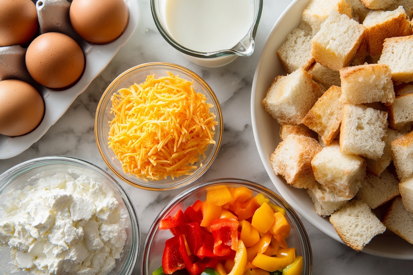 A single white ceramic plate holding one square portion of a savory breakfast strata, revealing layers of fluffy scrambled eggs, melted cheddar cheese, diced red bell peppers, and fresh chopped spinach interspersed with golden, crispy toasted bread cubes, steam gently rising from the slice, shot at a 3/4 angle to emphasize the interior textures and vibrant colors, placed on a white marble surface with soft natural light highlighting the dish’s inviting, hearty layers, styled to evoke a gourmet brunch experience. REALISTIC STYLE IMAGE| TAGS: High-end food photography, clean composition, dramatic lighting, luxurious, elegant, mouth-watering, indulgent, gourmet | CAMERA: Nikon Z7 | FOCAL LENGTH: 50mm | SHOT TYPE: Close-up | COMPOSITION: 3/4 angle | LIGHTING: Soft directional light | PRODUCTION: Food Stylist | TIME: Daytime I LOCATION TYPE: Kitchen near windows --stylize 150 --ar 3:2