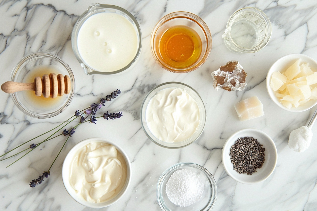 A pristine white ceramic serving platter displaying a full, uncut lavender panna cotta cake, beautifully smooth and creamy with subtle specks of vanilla bean throughout. The top is elegantly adorned with fresh lavender sprigs and delicate purple edible flowers, scattered artfully around the base of the whole cake as well. The composition is shot from a 3/4 angle on a white marble kitchen countertop bathed in natural soft directional light, evoking a luxurious and sophisticated atmosphere. This hero food magazine style image captures the dessert’s indulgent and refined essence with clean, dramatic lighting and impeccable food styling. REALISTIC STYLE IMAGE| TAGS: High-end food photography, clean composition, dramatic lighting, luxurious, elegant, mouth-watering, indulgent, gourmet | CAMERA: Nikon Z7 | FOCAL LENGTH: 50mm | SHOT TYPE: Close-up | COMPOSITION: 3/4 angle | LIGHTING: Soft directional light | PRODUCTION: Food Stylist | TIME: Daytime I LOCATION TYPE: Kitchen near windows --stylize 150 --ar 3:2