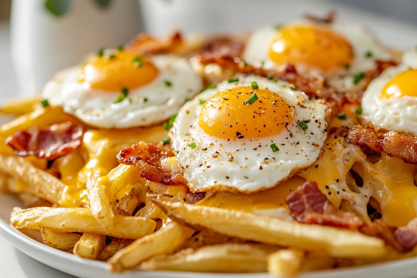 Large white serving platter piled high with crispy golden French fries, generously topped with a glossy blanket of melted cheese sauce, several sunny-side-up eggs with bright yolks nestled on top, and a scattered layer of crunchy cooked bacon strips, garnished with finely chopped fresh chives and a light sprinkling of black pepper, whole dish captured in a professional 3/4 angle shot on white marble countertop, natural lighting, styled like a hero shot from a food magazine, photo taken with an iphone --ar 4:5 --v 7