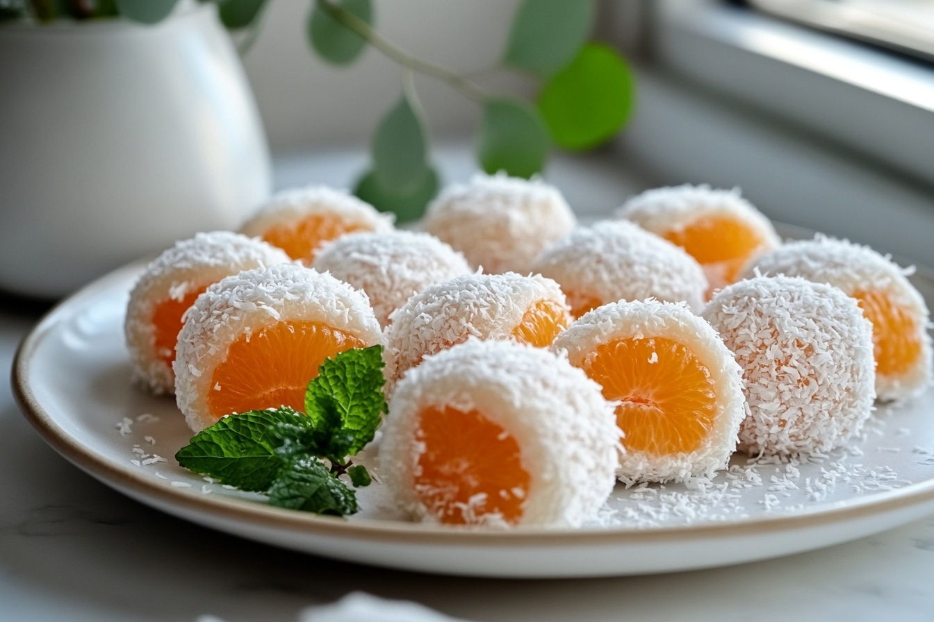A pristine white plate lavishly arranged with a full dozen of round mandarin orange desserts, each meticulously coated in a delicate layer of white coconut flakes, showcasing the intricate swirl patterns on the surface and some with vibrant orange segments partially revealed, garnished with a few fresh green mint leaves for contrast, all photographed in natural light from a 3/4 angle, set on a white marble countertop, styled for a high-end food magazine hero shot, photo taken with an iphone --ar 4:5 --v 7