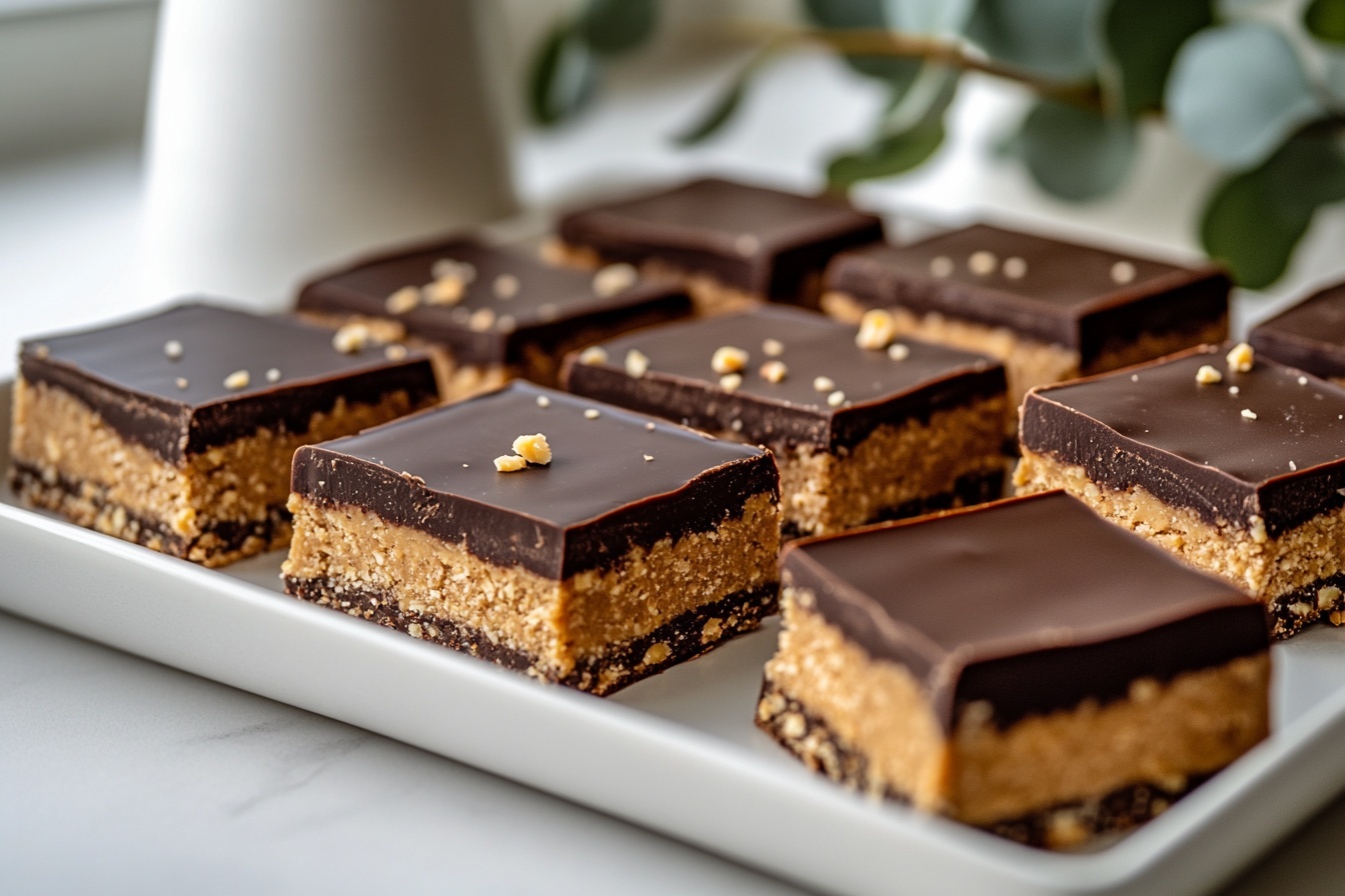 Healthy Homemade Butterfingers Recipe 6 A large white rectangular platter filled with an array of whole homemade chocolate peanut butter bars, each piece fully coated in rich dark chocolate with a smooth peanut butter center visible only where bars are intentionally left uncut to showcase texture, sprinkled lightly with crushed peanut crumbs on top, presented neatly on a white marble countertop with natural lighting, featuring a professional food magazine style hero shot from a slight 3/4 angle showing the entire selection, photo taken with an iphone --ar 4:5 --v 7