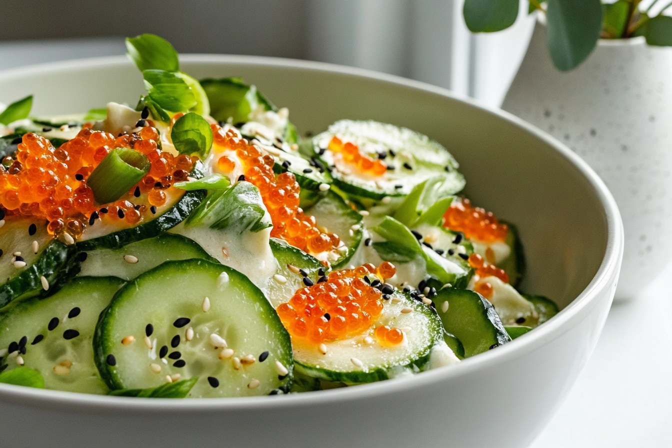 Large white serving bowl filled with creamy cucumber salad featuring thinly sliced crisp cucumbers, finely chopped green onions, orange fish roe, black and white sesame seeds, and a smooth, tangy dressing, all presented in a fresh and vibrant arrangement, whole dish shown from a 3/4 angle on a white marble countertop with natural lighting, professional food magazine hero shot photo taken with an iphone --ar 4:5 --v 7