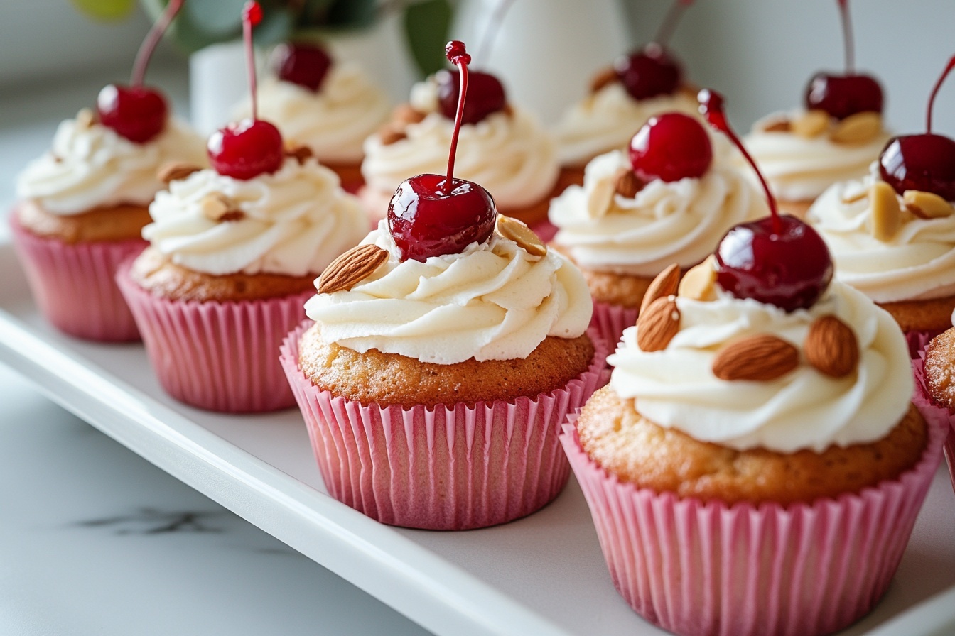 Cherry Almond Cupcakes Recipe 6 A white rectangular serving tray filled with a full dozen of pink cupcakes topped generously with smooth white frosting swirled high and crowned individually with shiny red maraschino cherries, each cupcake nestled in vibrant pink cupcake liners, almonds and sliced almonds scattered artistically around the base, all presented on a white marble countertop with soft natural lighting, professional 3/4 angle food magazine hero shot photo taken with an iphone --ar 4:5 --v 7