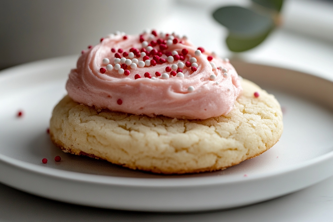 Strawberry Kiss Cookies with Pink Chocolate and Valentine Sprinkles Recipe 6 Large white round serving plate filled with an assortment of festive sugar cookies topped with generous pink frosting dollops, some cookies adorned with red, pink, and white nonpareil sprinkles, others dusted with powdered sugar, all arranged in a full, abundant display, photographed from a 3/4 angle on a white marble background with soft natural lighting, styled to showcase the complete collection as a vibrant, colorful holiday treat, photo taken with an iphone --ar 4:5 --v 7