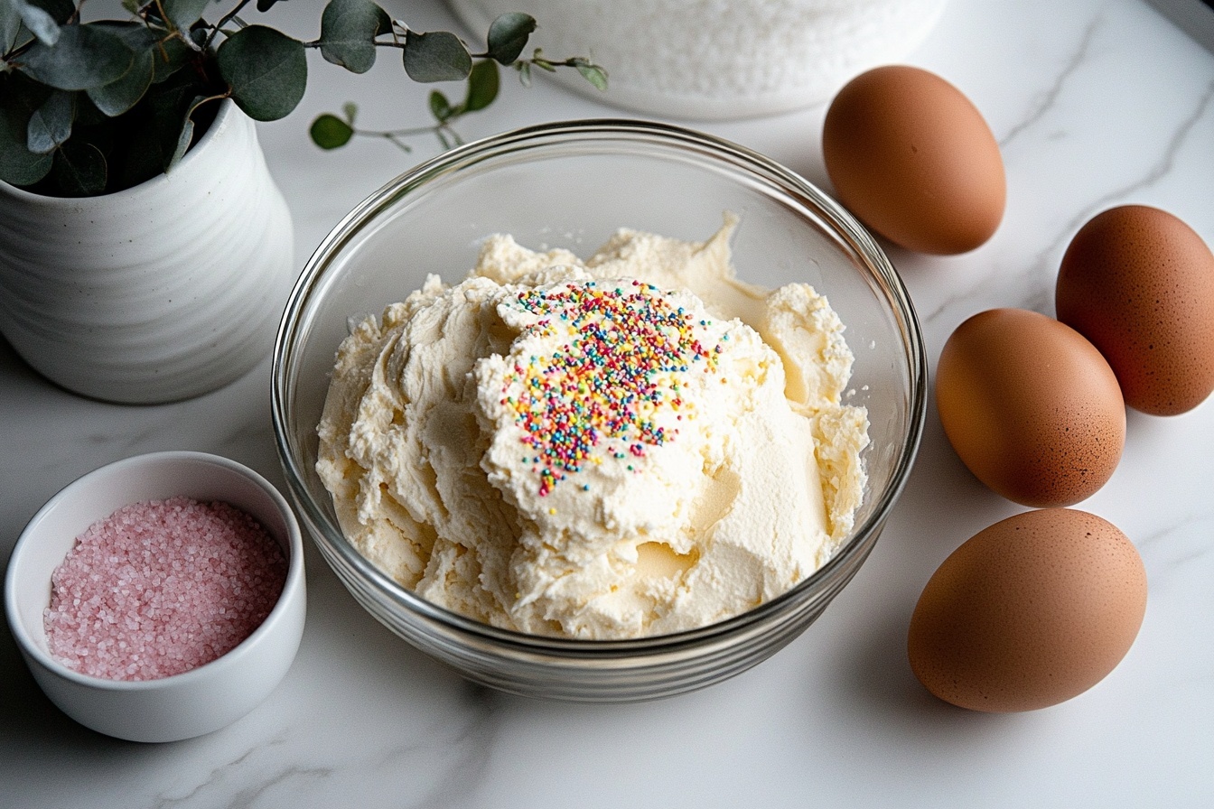 Strawberry Kiss Cookies with Pink Chocolate and Valentine Sprinkles Recipe 5 Single white plate showcasing one vibrant sugar cookie topped with a dollop of smooth pink frosting and generously sprinkled with red, white, and pink nonpareils, revealing the soft, tender crumb inside, angled close-up view on a white marble surface with natural lighting, styled as an individual serving from a food blog, photo taken with an iphone --ar 4:5 --v 7
