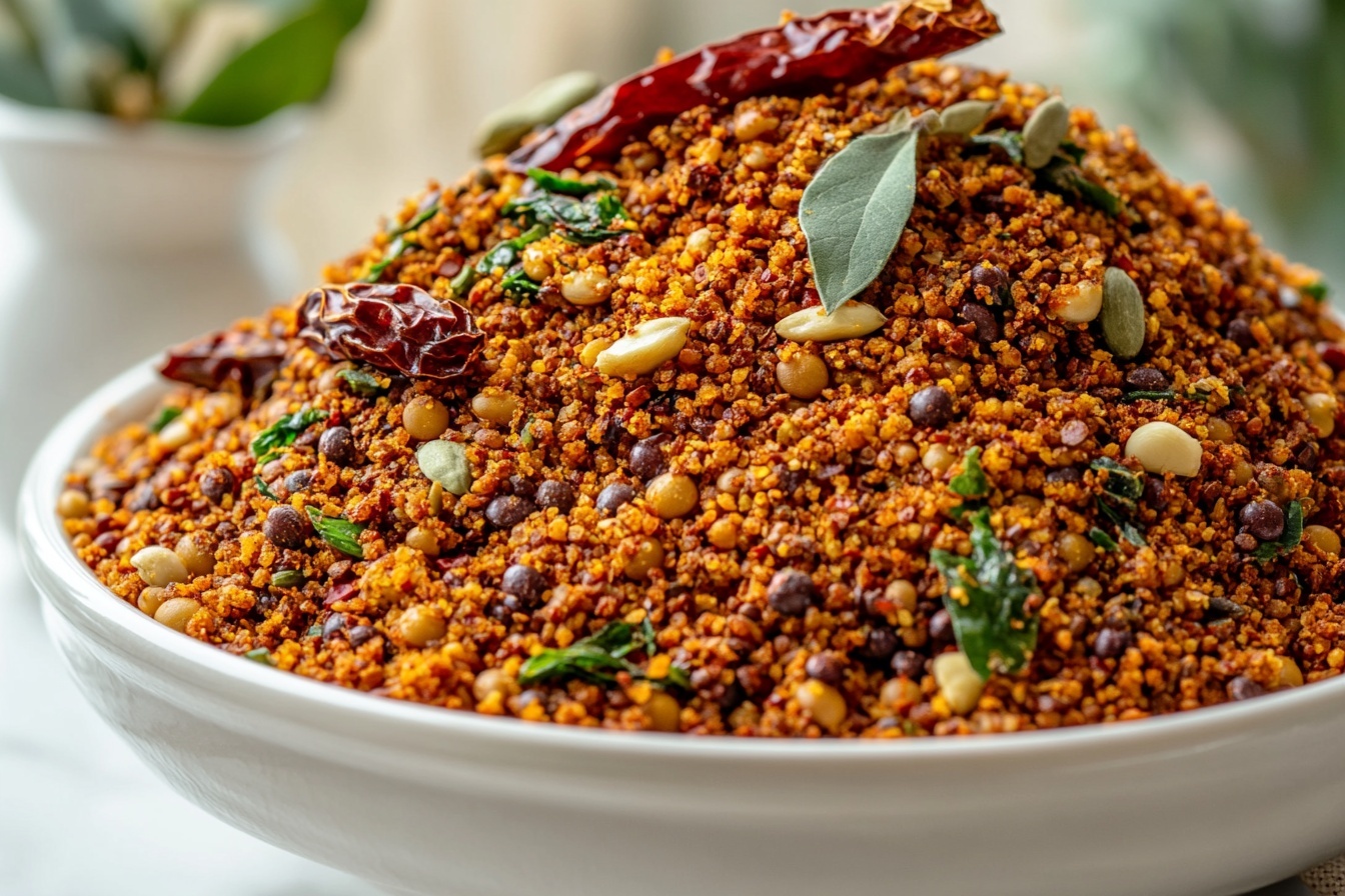 A large white ceramic bowl brimming with vibrant, freshly made Indian gunpowder spice mix, showcasing a coarse blend of roasted lentils, dried red chilies, mustard seeds, curry leaves, and aromatic spices with visible crunchy bits of garlic and chili flakes, beautifully textured and piled high, photographed from a 3/4 angle on a pristine white marble countertop with natural lighting, styled as a hero shot for a food magazine, photo taken with an iphone --ar 4:5 --v 7