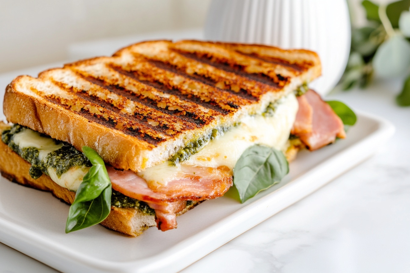 Stanley Tucci's Favorite Prosciutto & Mozzarella Sourdough Sandwich Recipe 6 A large white rectangular plate showcasing a whole grilled ham and cheese sandwich with fresh basil and pesto sauce, the sandwich golden and crisp with melted mozzarella oozing slightly, fresh green basil leaves peeking out, arranged neatly on a white marble countertop, professional 3/4 angle food photography with natural lighting, hero shot like a food magazine cover, photo taken with an iphone --ar 4:5 --v 7