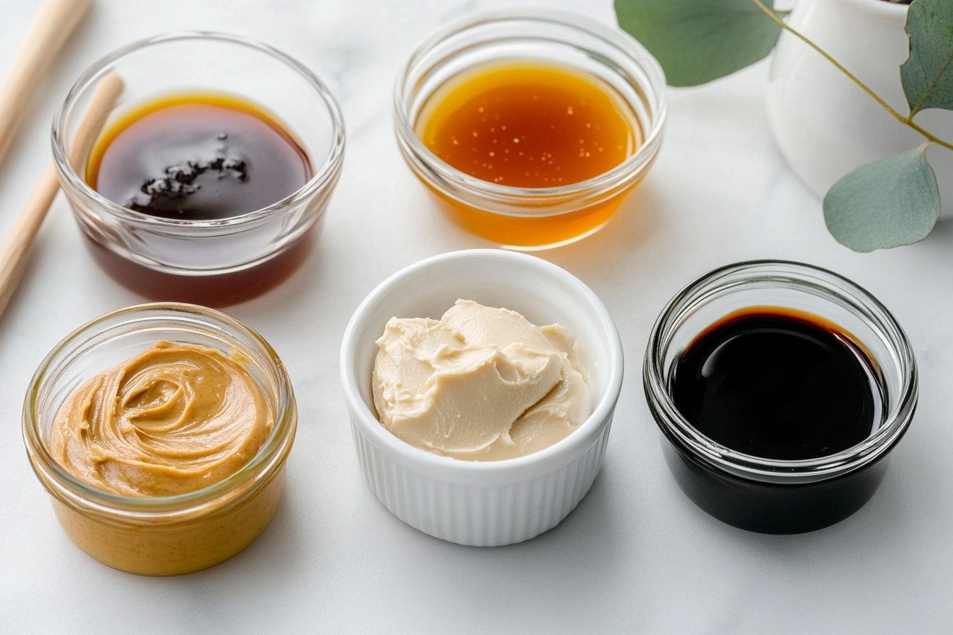 Homemade Hoisin Sauce Recipe 4 A large white bowl filled with rich, glossy hoisin sauce generously sprinkled with sesame seeds, set on a wooden tray alongside fresh cucumber slices and thin carrot ribbons, whole dish displayed at a professional 3/4 angle on a pristine white marble countertop with natural lighting highlighting the sauce's deep reddish-brown color and smooth texture, photo taken with an iphone --ar 4:5 --v 7