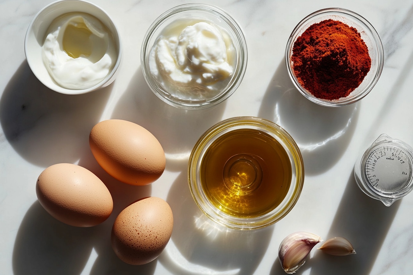 Turkish Eggs (Çılbır) for Breakfast Recipe 5 Single white shallow bowl presenting two perfectly poached eggs nestled on a bed of creamy yogurt sauce infused with herbs and a drizzle of warm, vibrant paprika oil, garnished delicately with fresh sprigs of dill. Three rustic slices of crusty sourdough bread lean gently against the yogurt, showcasing the airy, porous crumb texture, ready to accompany the eggs. The close-up 3/4 angle reveals the glossy, soft egg whites and hints at the runny yolks beneath, emphasizing the contrast between the smooth sauce and textured bread. The bowl is set on a pristine white marble background with natural soft directional daylight, evoking the intimate style of a gourmet food blog. REALISTIC STYLE IMAGE| TAGS: High-end food photography, clean composition, dramatic lighting, luxurious, elegant, mouth-watering, indulgent, gourmet | CAMERA: Nikon Z7 | FOCAL LENGTH: 50mm | SHOT TYPE: Close-up | COMPOSITION: 3/4 angle | LIGHTING: Soft directional light | PRODUCTION: Food Stylist | TIME: Daytime I LOCATION TYPE: Kitchen near windows --stylize 150 --ar 3:2