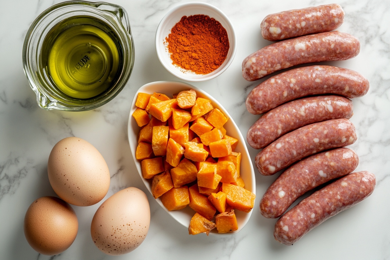 Single white plate featuring a plated breakfast portion with two perfectly cooked sunny-side-up eggs seasoned with freshly ground black pepper, resting atop a bed of golden, crispy seasoned sweet potato cubes with visible herbs, accompanied by three plump, seared breakfast sausages arranged neatly, close-up view highlighting the glossy, tender interior textures of the eggs and sausages, on a white marble surface bathed in natural soft directional daylight, styled elegantly as a gourmet plated serving ready to eat, embodying warmth and indulgence. REALISTIC STYLE IMAGE| TAGS: High-end food photography, clean composition, dramatic lighting, luxurious, elegant, mouth-watering, indulgent, gourmet | CAMERA: Nikon Z7 | FOCAL LENGTH: 50mm | SHOT TYPE: Close-up | COMPOSITION: 3/4 angle | LIGHTING: Soft directional light | PRODUCTION: Food Stylist | TIME: Daytime I LOCATION TYPE: Kitchen near windows --stylize 150 --ar 3:2