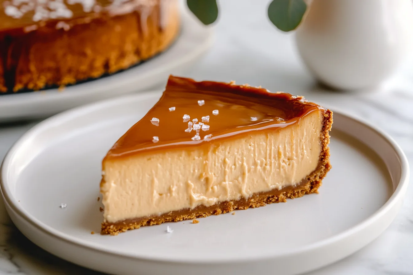 Creamy Dulce de Leche Cheesecake Recipe for Easy Dessert 6 Whole rich caramel cheesecake presented on a large white fluted cake stand, smooth glossy caramel glaze evenly covering the top with delicate flakes of sea salt scattered across, the entire cheesecake intact with a thick, crumbly graham cracker crust visible along the sides, photographed from a 3/4 angle on a white marble countertop under soft natural daylight streaming from kitchen windows, styled to emphasize the luscious texture and inviting sheen, a professional food stylist’s elegant and indulgent setup crafting a gourmet hero shot, REALISTIC STYLE IMAGE| TAGS: High-end food photography, clean composition, dramatic lighting, luxurious, elegant, mouth-watering, indulgent, gourmet | CAMERA: Nikon Z7 | FOCAL LENGTH: 50mm | SHOT TYPE: Close-up | COMPOSITION: 3/4 angle | LIGHTING: Soft directional light | PRODUCTION: Food Stylist | TIME: Daytime I LOCATION TYPE: Kitchen near windows --stylize 150 --ar 3:2