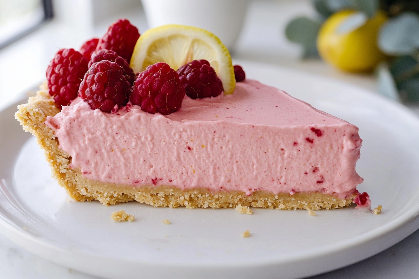 A whole, unsliced raspberry and lemon tart presented on a white serving stand, showcasing a thick, crumbly golden crust filled with smooth, pale pink raspberry cream, topped with a neat ring of fresh, plump raspberries and bright lemon wedges, dusted lightly with powdered sugar, arranged elegantly on a white marble surface. The composition captures a 3/4 angle close-up shot with soft directional natural daylight emphasizing the tart’s textures and colors in a luxurious and indulgent gourmet style. REALISTIC STYLE IMAGE| TAGS: High-end food photography, clean composition, dramatic lighting, luxurious, elegant, mouth-watering, indulgent, gourmet | CAMERA: Nikon Z7 | FOCAL LENGTH: 50mm | SHOT TYPE: Close-up | COMPOSITION: 3/4 angle | LIGHTING: Soft directional light | PRODUCTION: Food Stylist | TIME: Daytime I LOCATION TYPE: Kitchen near windows --stylize 150 --ar 3:2
